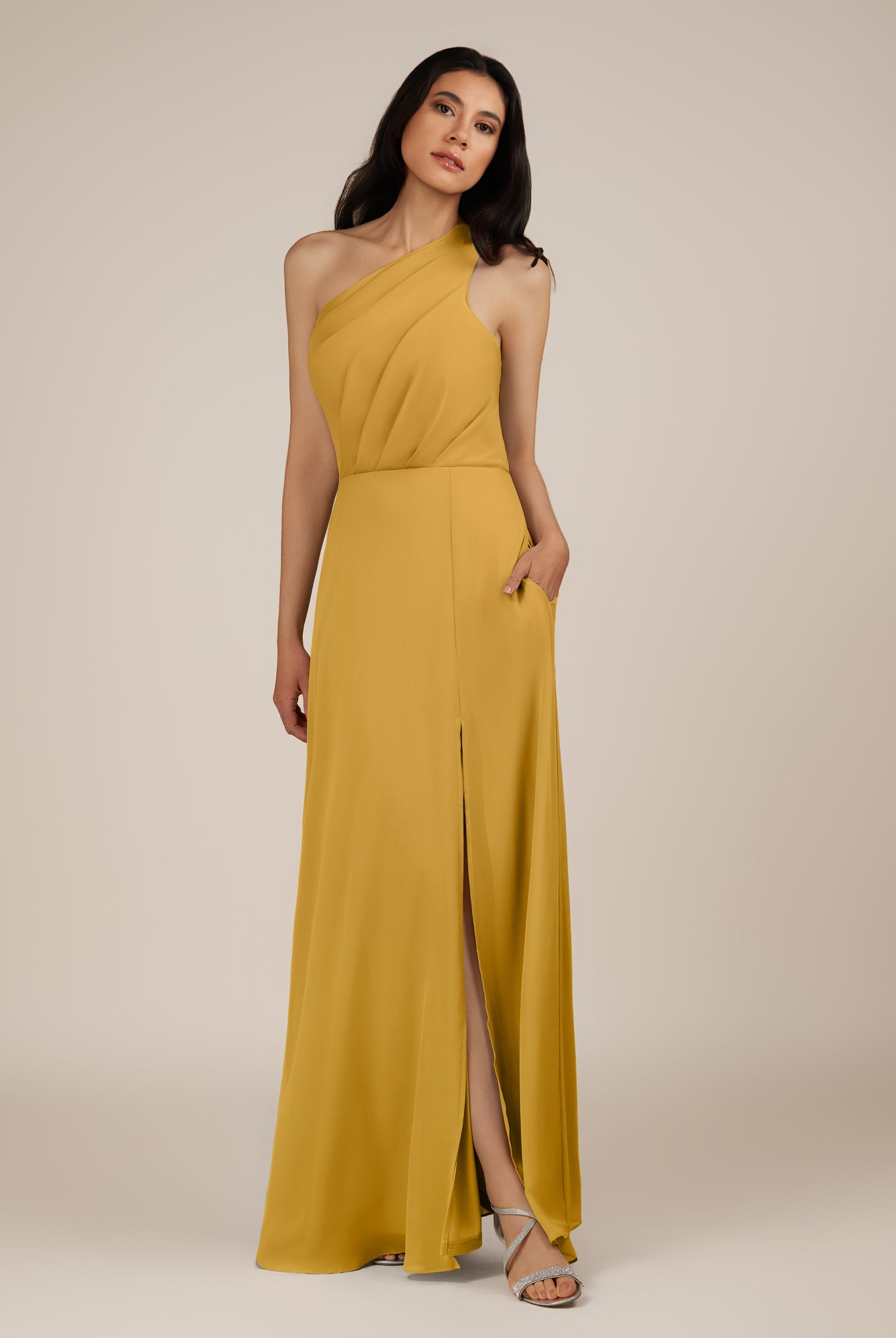 KissDress-Gaura Marigold A Line Chiffon One Shoulder Pleated Long Bridesmaid Dress with Slit