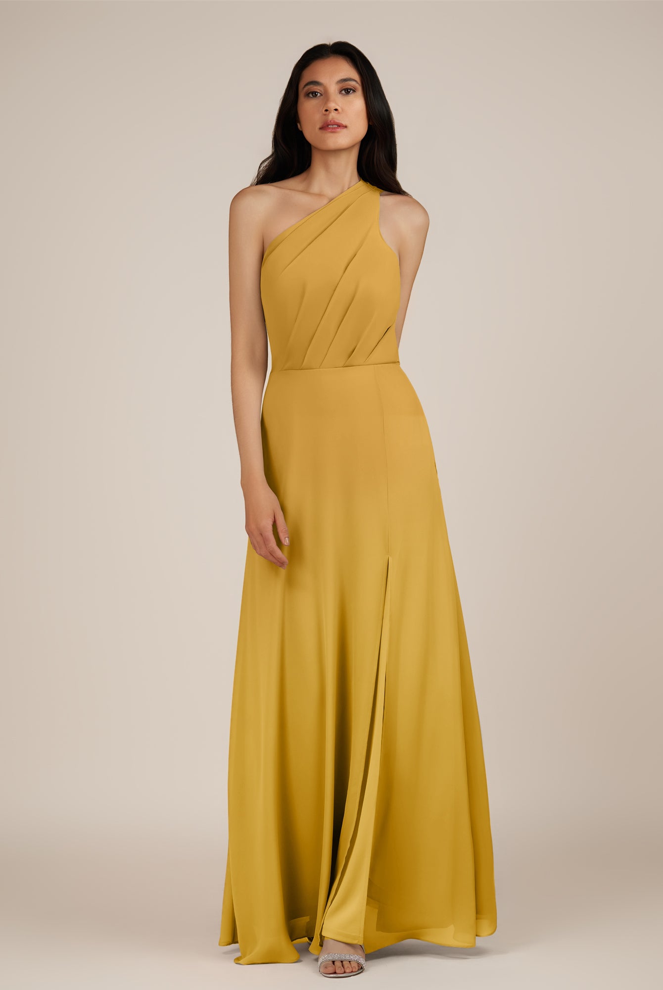 KissDress-Gaura Marigold A Line Chiffon One Shoulder Pleated Long Bridesmaid Dress with Slit