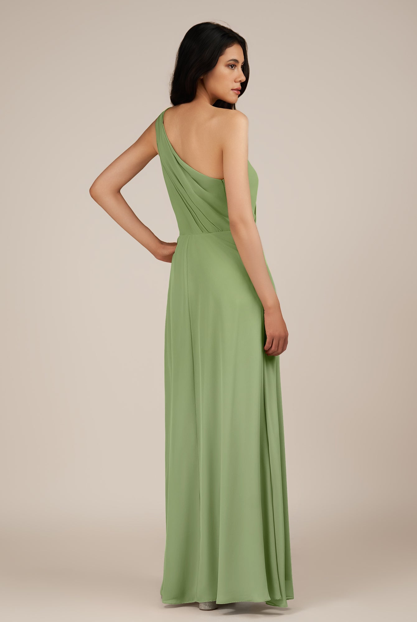 KissDress-Gaura Matcha A Line Chiffon One Shoulder Pleated Long Bridesmaid Dress with Slit