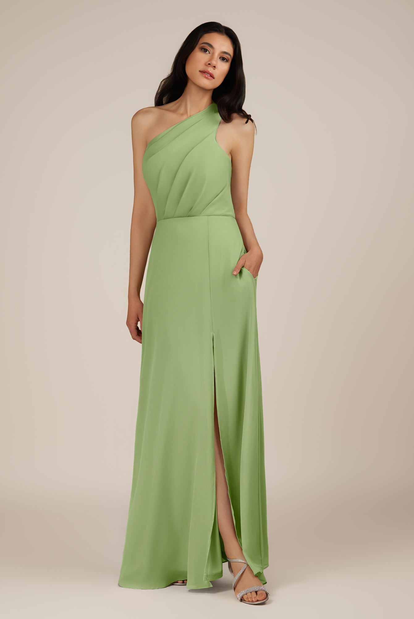 KissDress-Gaura Matcha A Line Chiffon One Shoulder Pleated Long Bridesmaid Dress with Slit