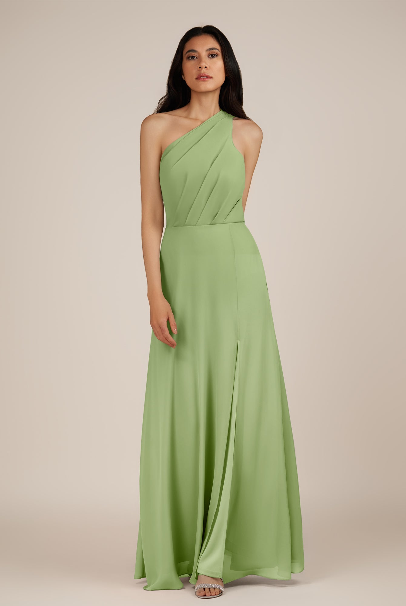 KissDress-Gaura Matcha A Line Chiffon One Shoulder Pleated Long Bridesmaid Dress with Slit