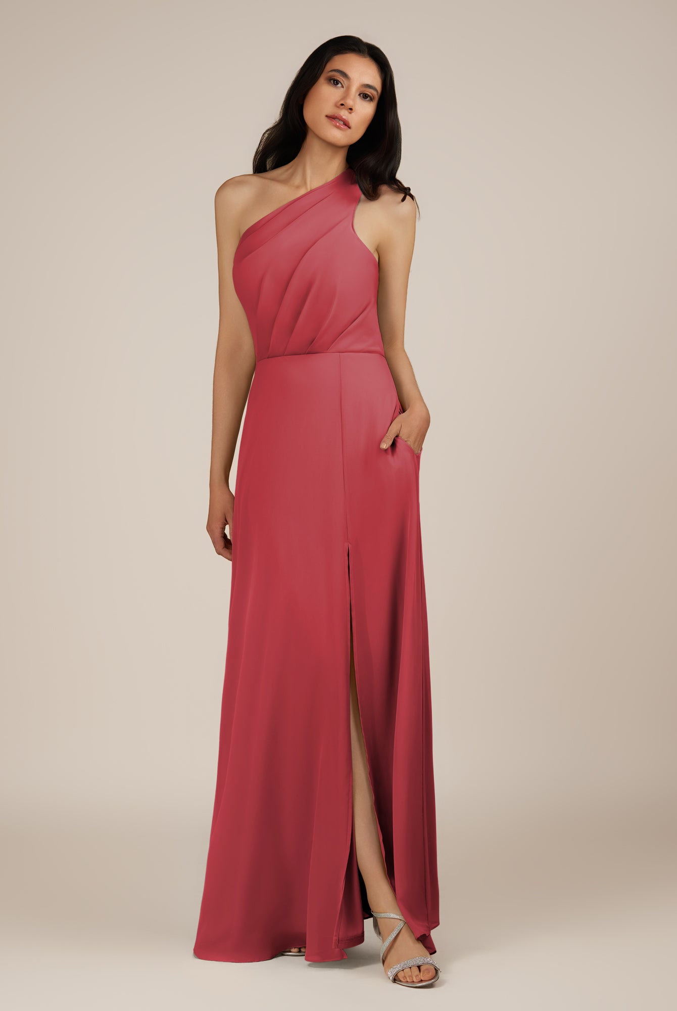 KissDress-Gaura Merlot A Line Chiffon One Shoulder Pleated Long Bridesmaid Dress with Slit