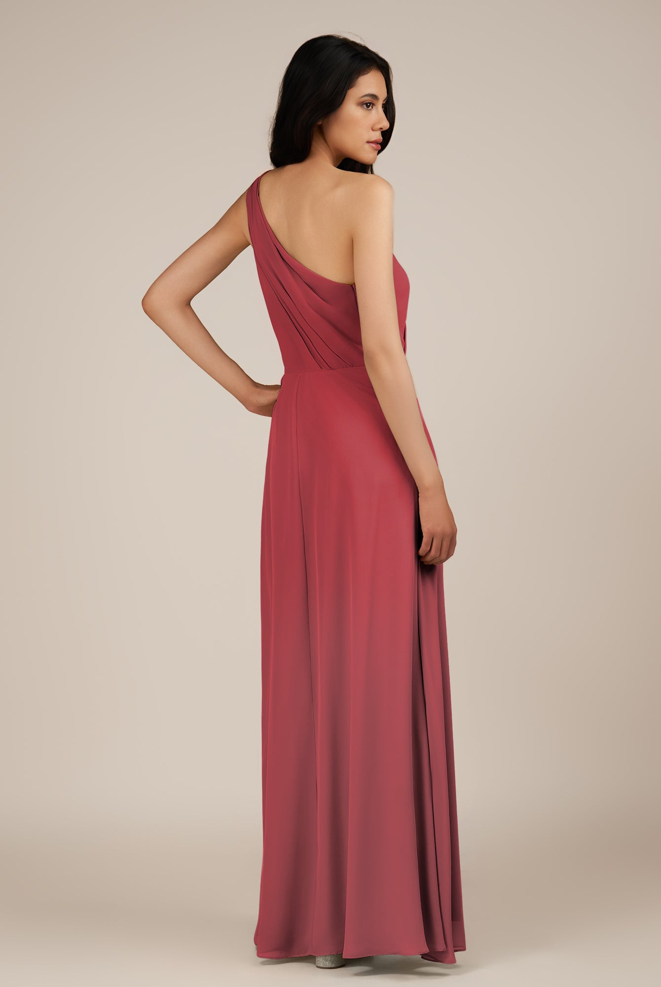 KissDress-Gaura Merlot A Line Chiffon One Shoulder Pleated Long Bridesmaid Dress with Slit