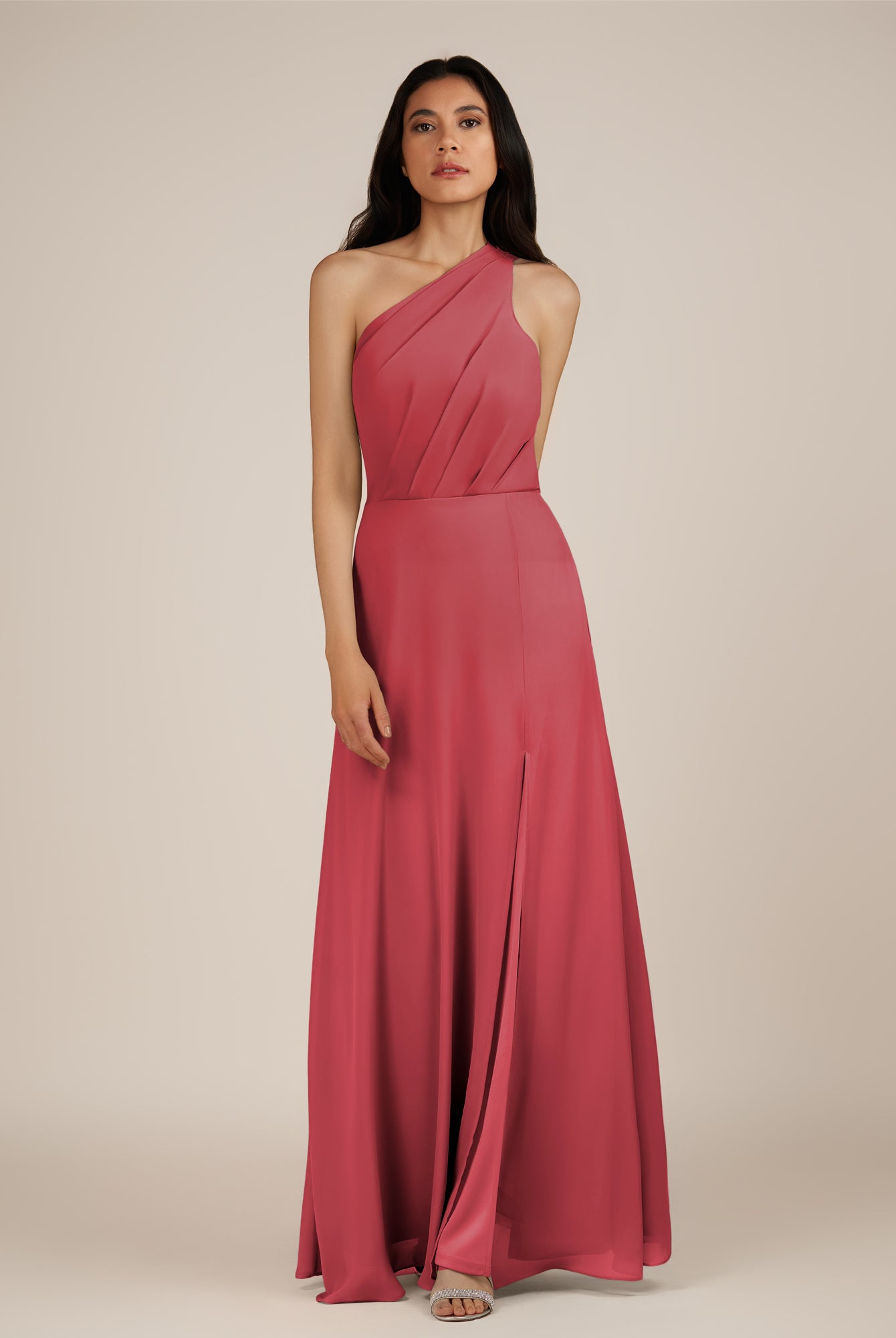 KissDress-Gaura Merlot A Line Chiffon One Shoulder Pleated Long Bridesmaid Dress with Slit