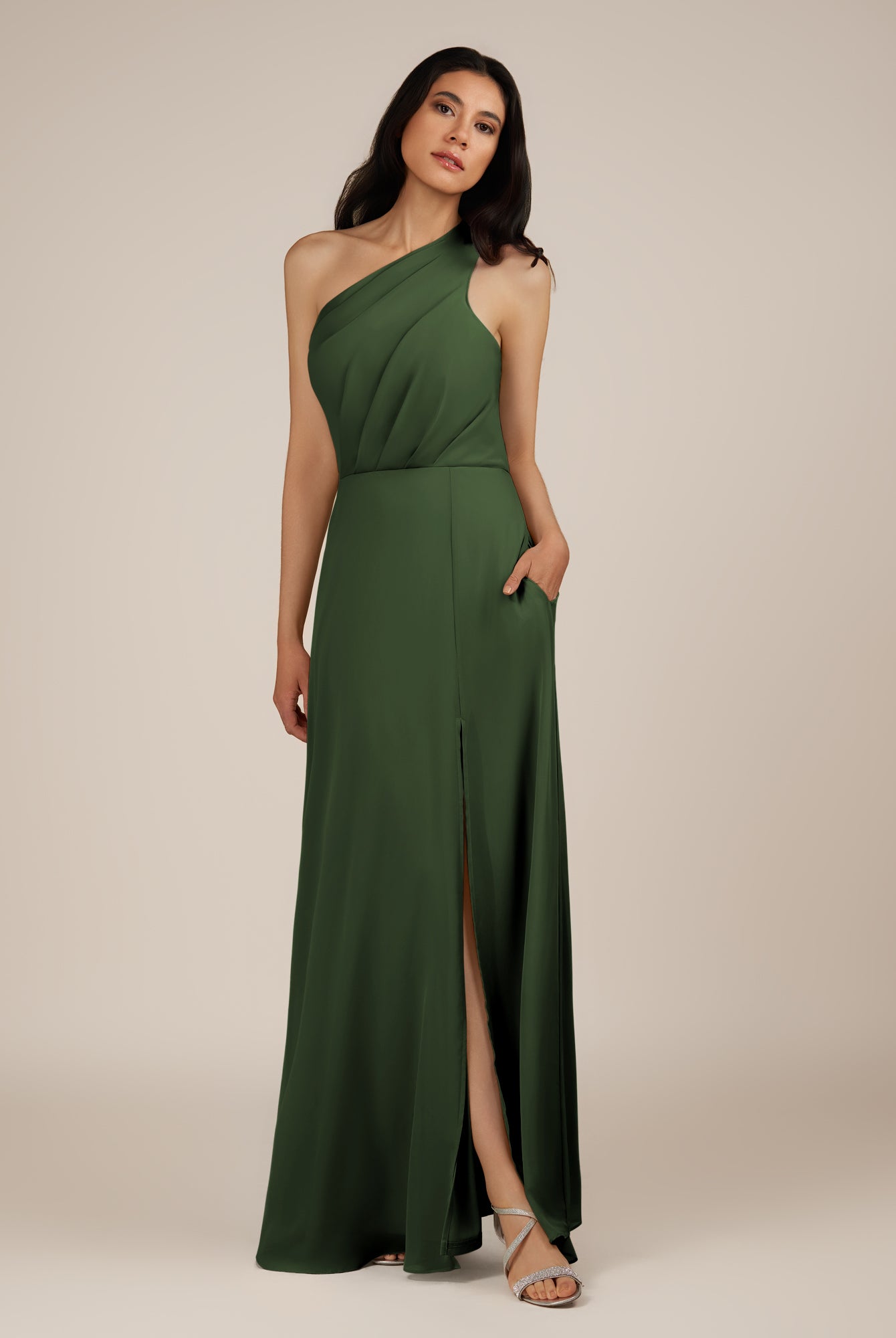 KissDress-Gaura Moss A Line Chiffon One Shoulder Pleated Long Bridesmaid Dress with Slit