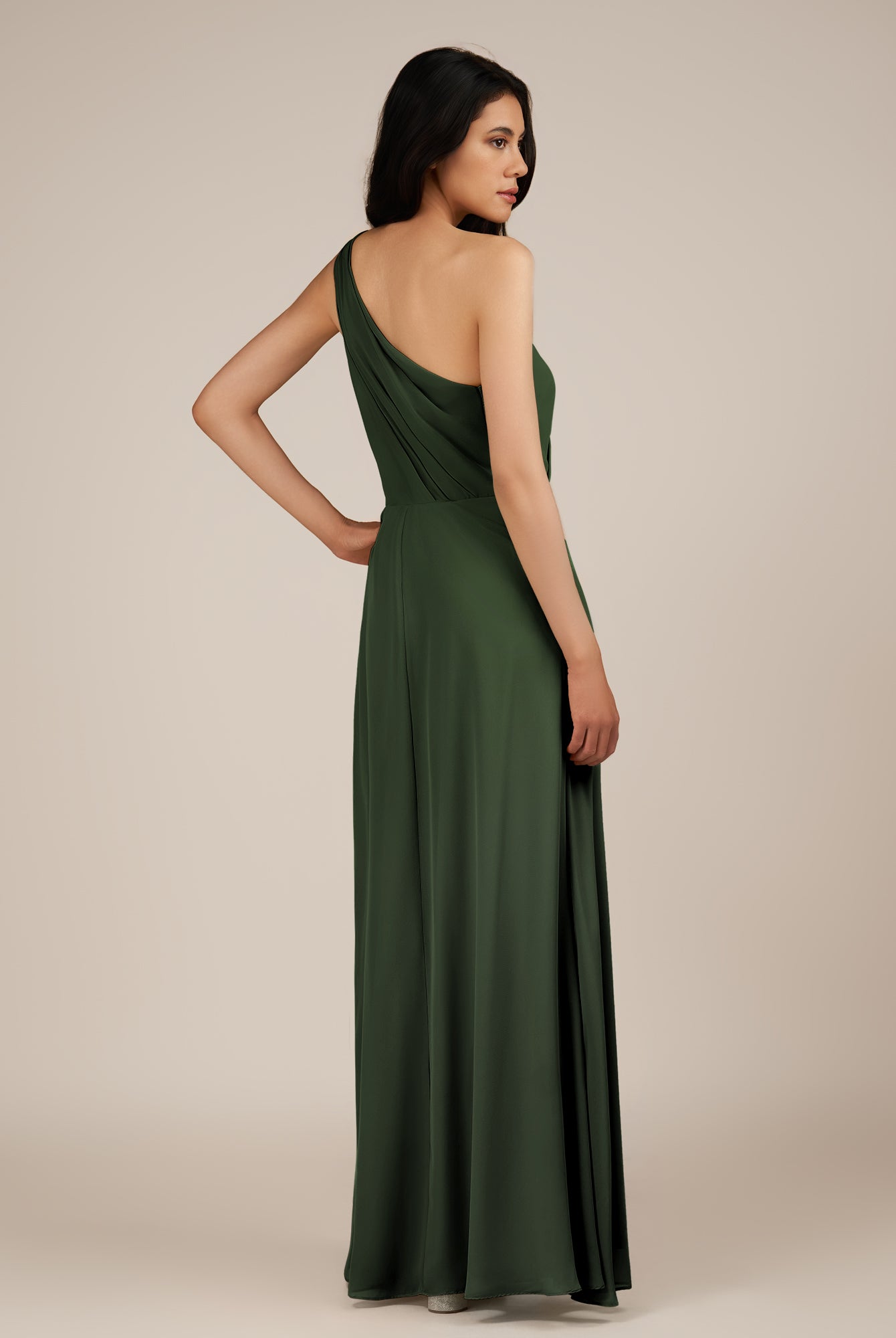 KissDress-Gaura Moss A Line Chiffon One Shoulder Pleated Long Bridesmaid Dress with Slit