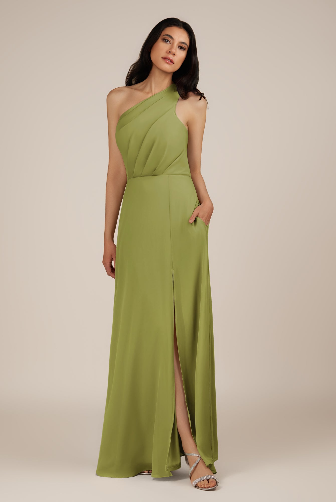 KissDress-Gaura Moss Green A Line Chiffon One Shoulder Pleated Long Bridesmaid Dress with Slit