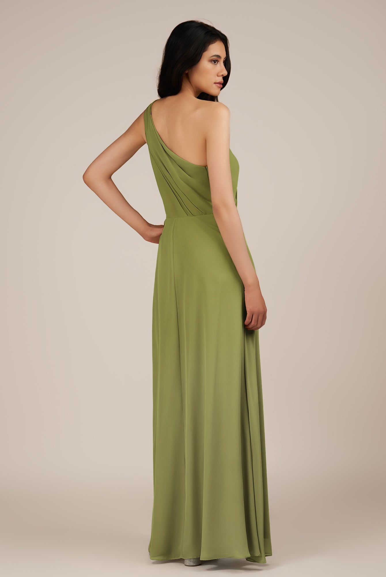 KissDress-Gaura Moss Green A Line Chiffon One Shoulder Pleated Long Bridesmaid Dress with Slit