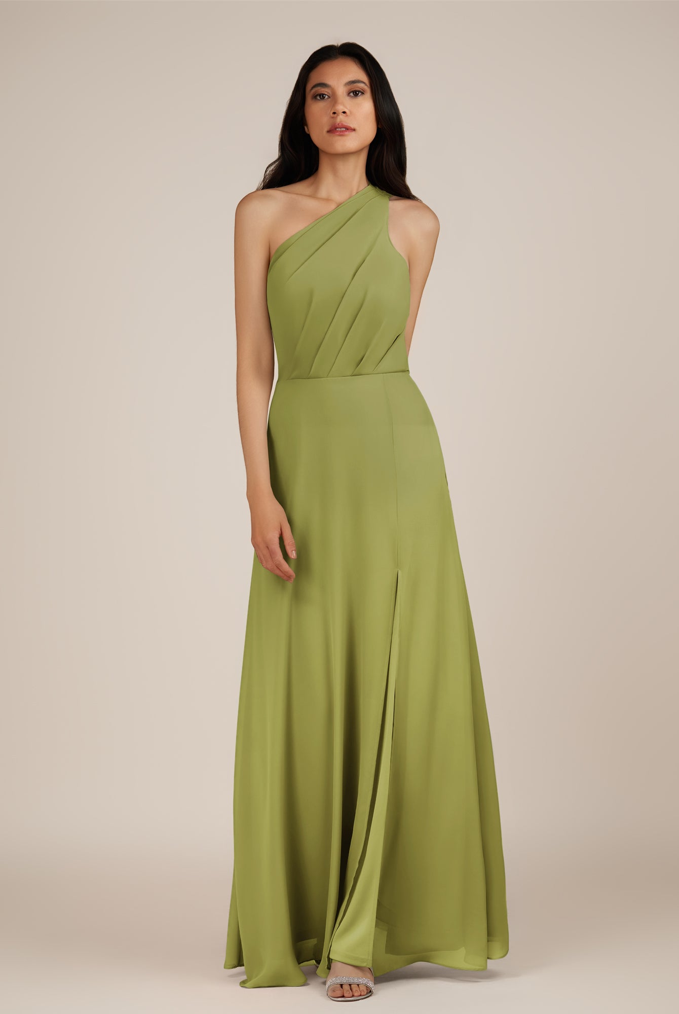 KissDress-Gaura Moss Green A Line Chiffon One Shoulder Pleated Long Bridesmaid Dress with Slit