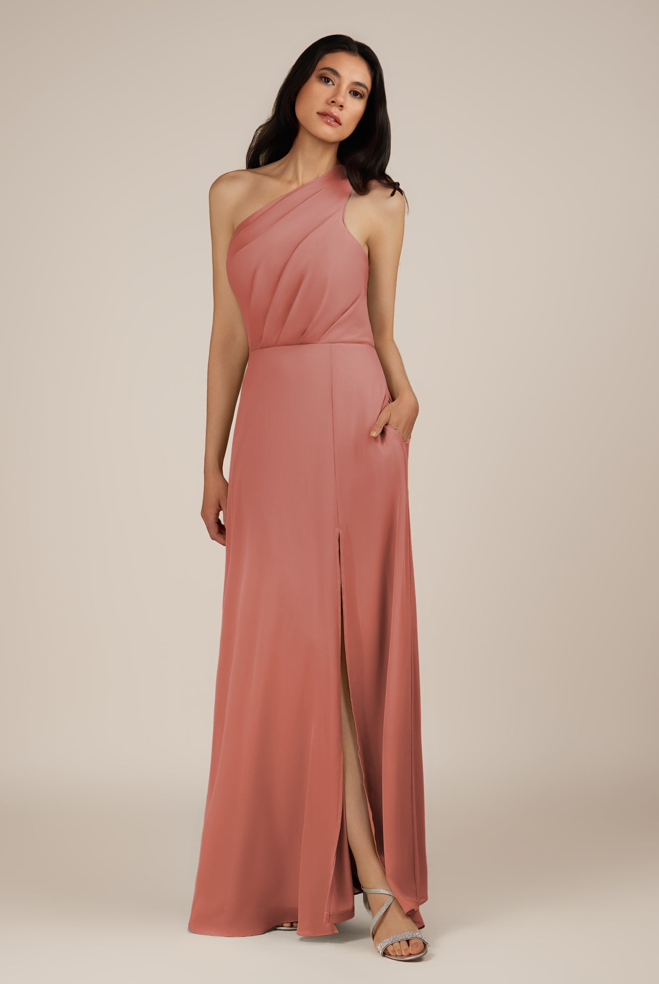 KissDress-Gaura Mulberry A Line Chiffon One Shoulder Pleated Long Bridesmaid Dress with Slit