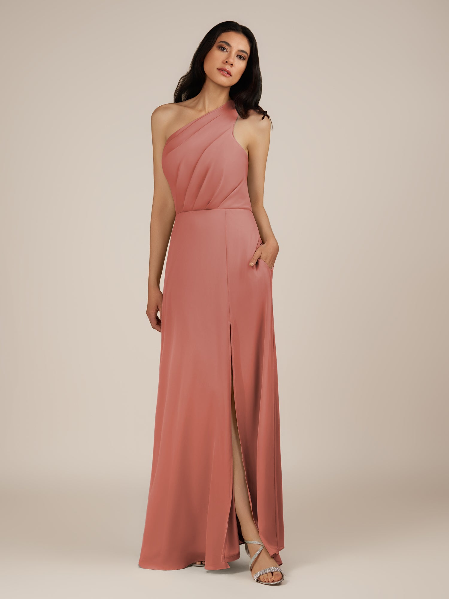 KissDress-Gaura Mulberry A Line Chiffon One Shoulder Pleated Long Bridesmaid Dress with Slit
