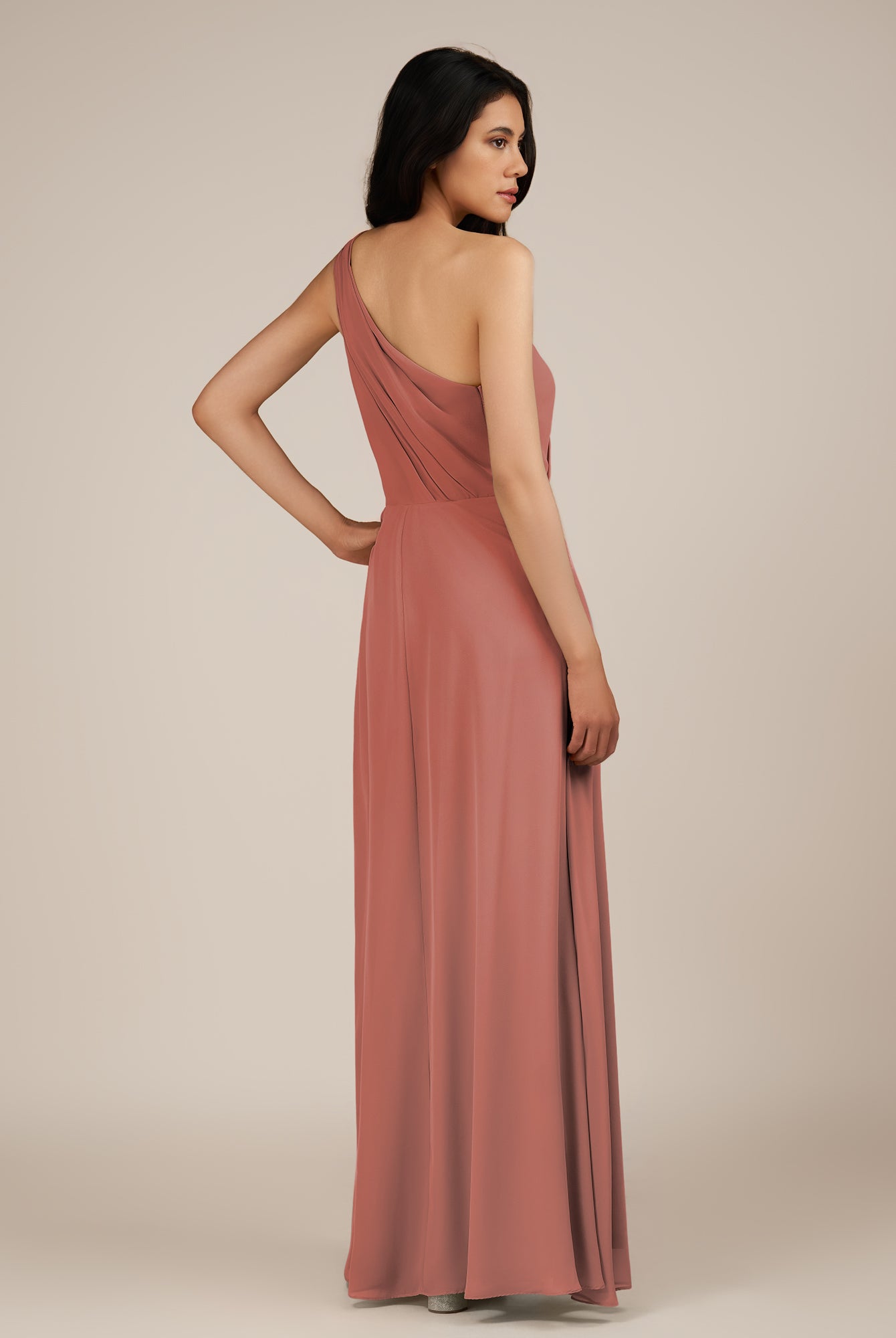 KissDress-Gaura Mulberry A Line Chiffon One Shoulder Pleated Long Bridesmaid Dress with Slit