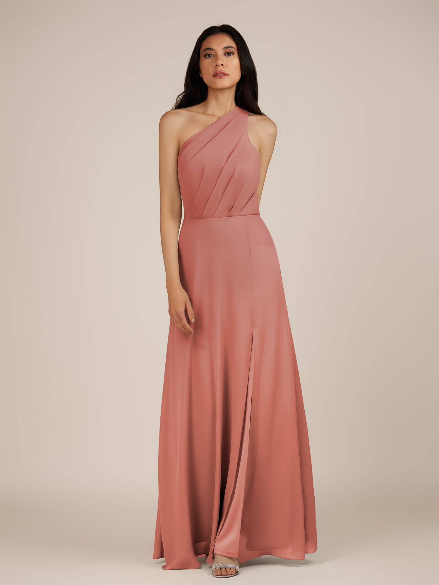 KissDress-Gaura Mulberry A Line Chiffon One Shoulder Pleated Long Bridesmaid Dress with Slit