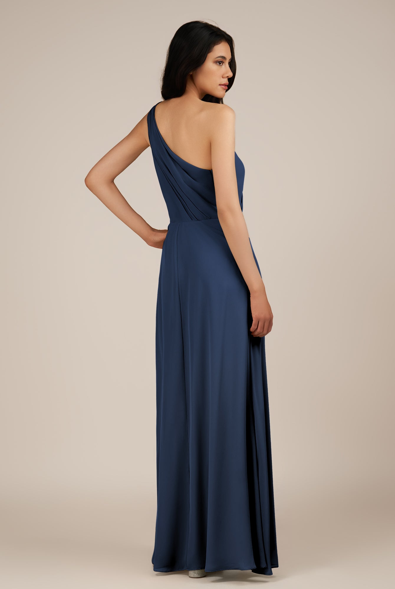 KissDress-Gaura Navy A Line Chiffon One Shoulder Pleated Long Bridesmaid Dress with Slit