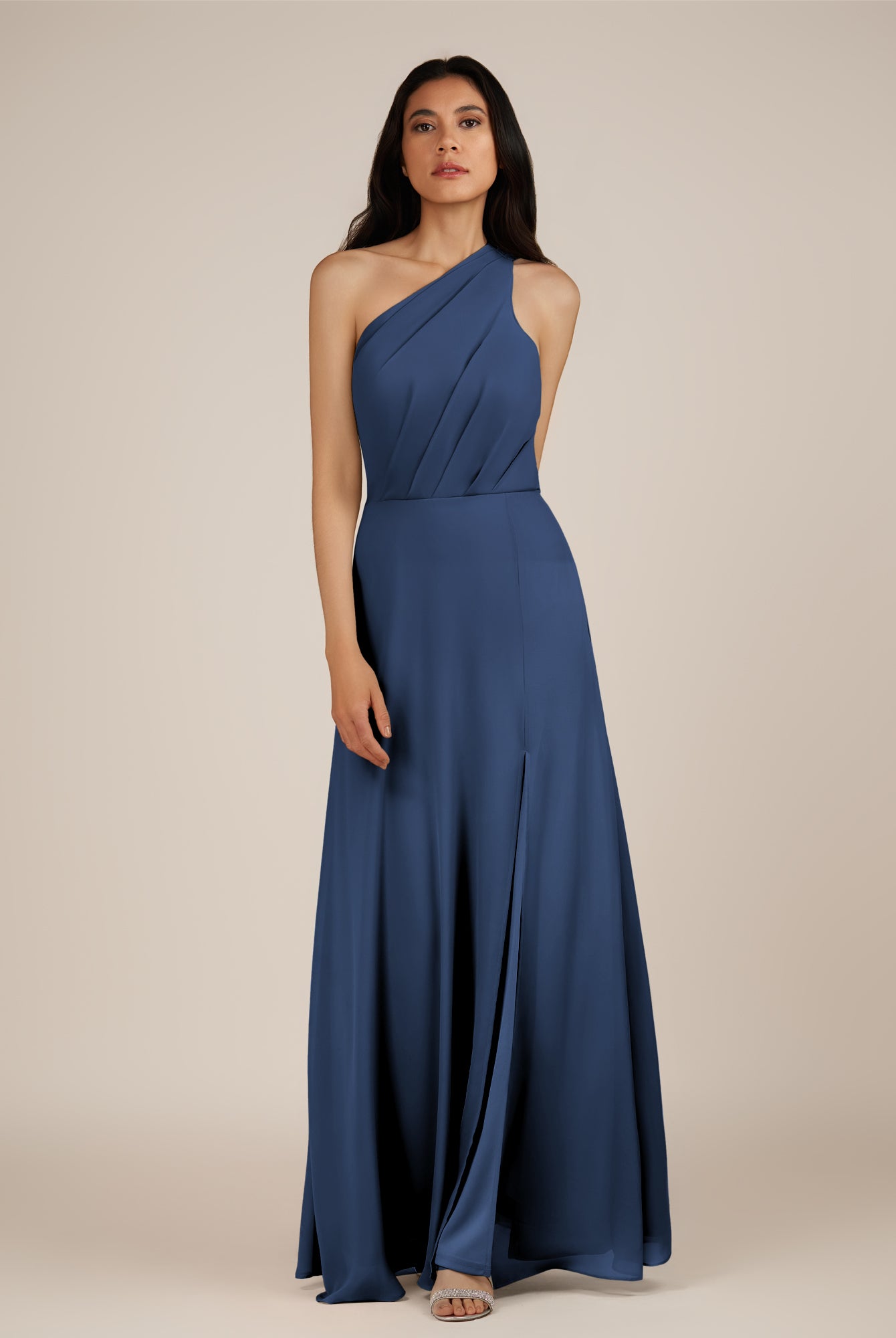 KissDress-Gaura Navy A Line Chiffon One Shoulder Pleated Long Bridesmaid Dress with Slit