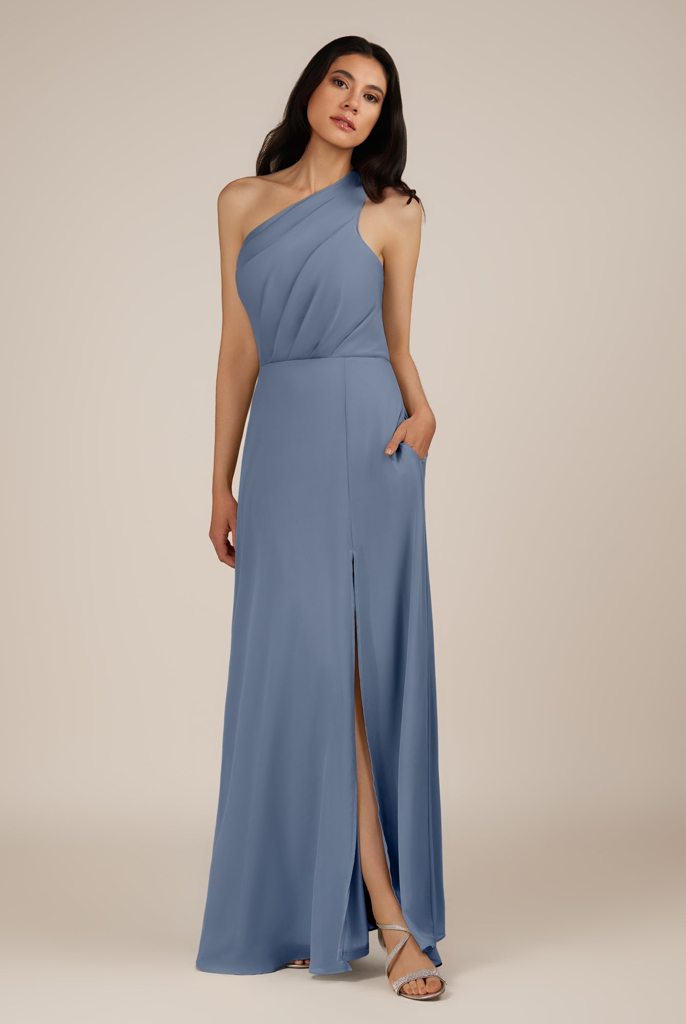KissDress-Gaura Neptune A Line Chiffon One Shoulder Pleated Long Bridesmaid Dress with Slit