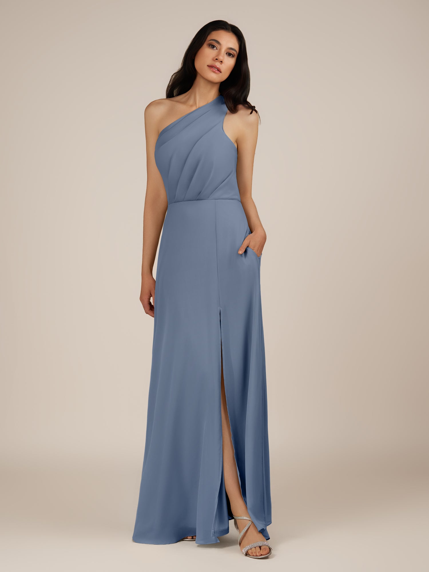 KissDress-Gaura Neptune A Line Chiffon One Shoulder Pleated Long Bridesmaid Dress with Slit