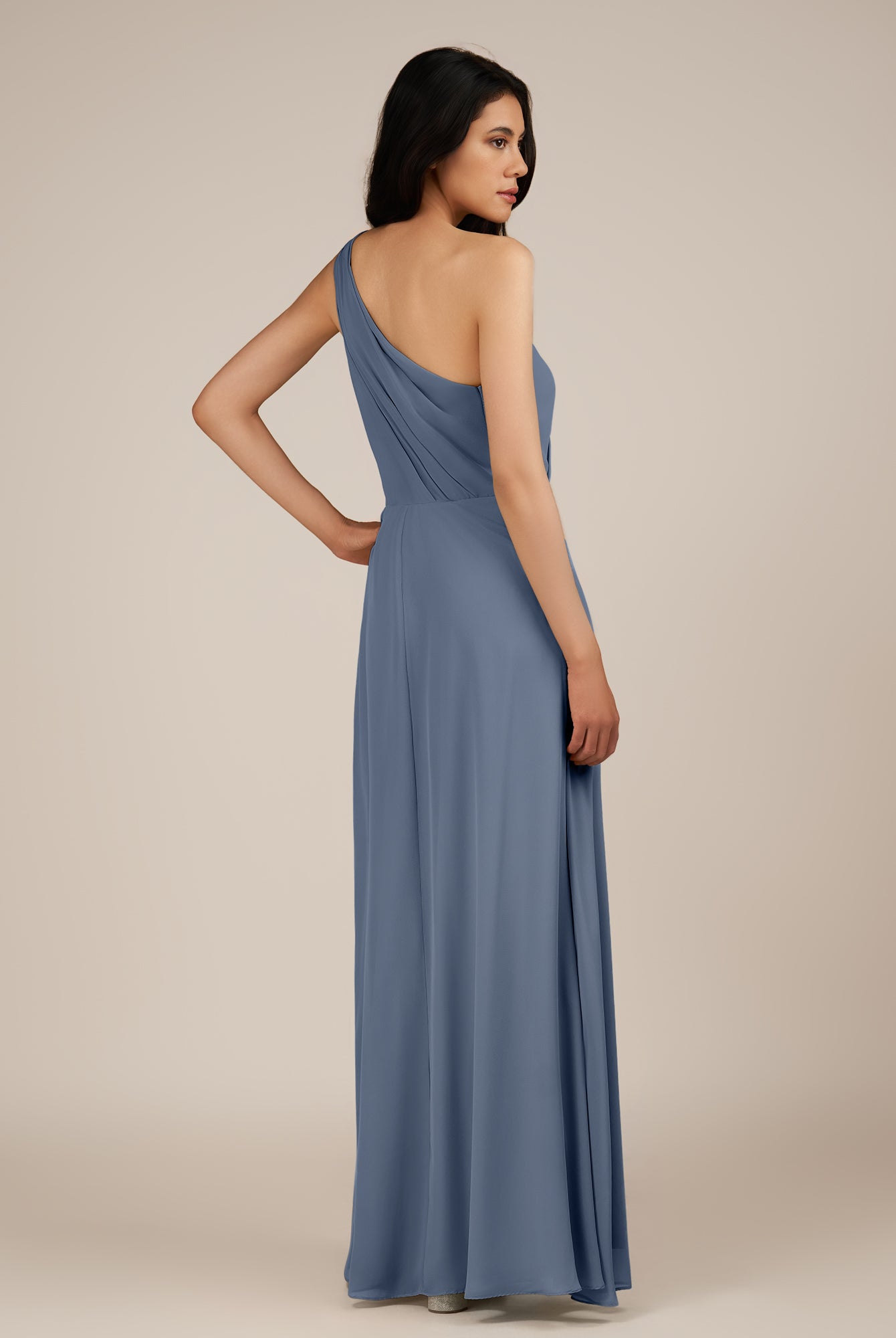 KissDress-Gaura Neptune A Line Chiffon One Shoulder Pleated Long Bridesmaid Dress with Slit