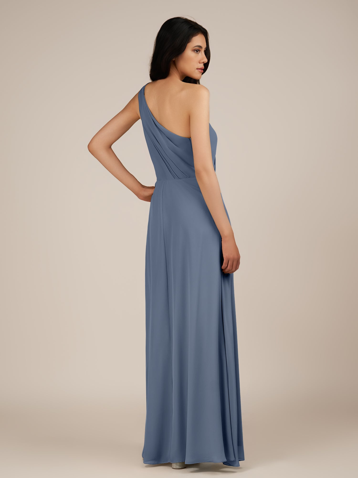 KissDress-Gaura Neptune A Line Chiffon One Shoulder Pleated Long Bridesmaid Dress with Slit