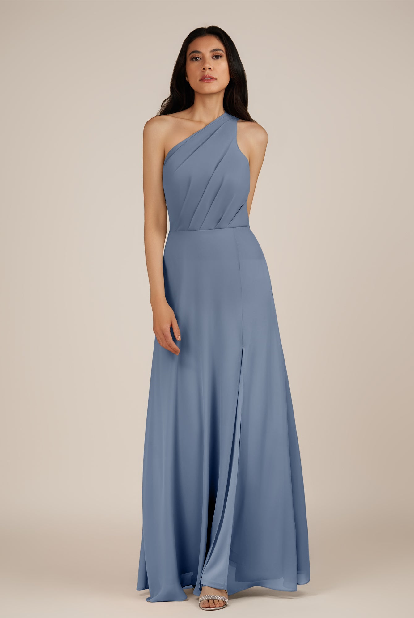 KissDress-Gaura Neptune A Line Chiffon One Shoulder Pleated Long Bridesmaid Dress with Slit