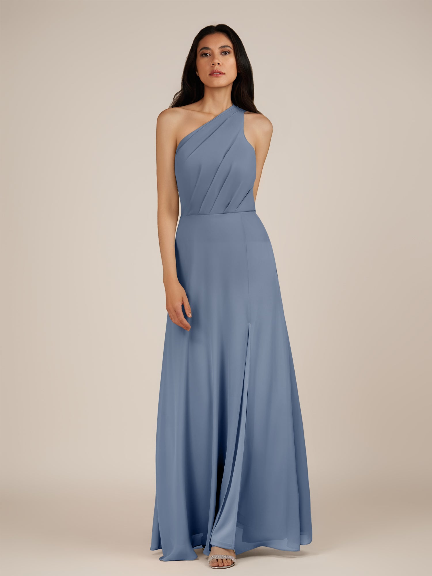 KissDress-Gaura Neptune A Line Chiffon One Shoulder Pleated Long Bridesmaid Dress with Slit