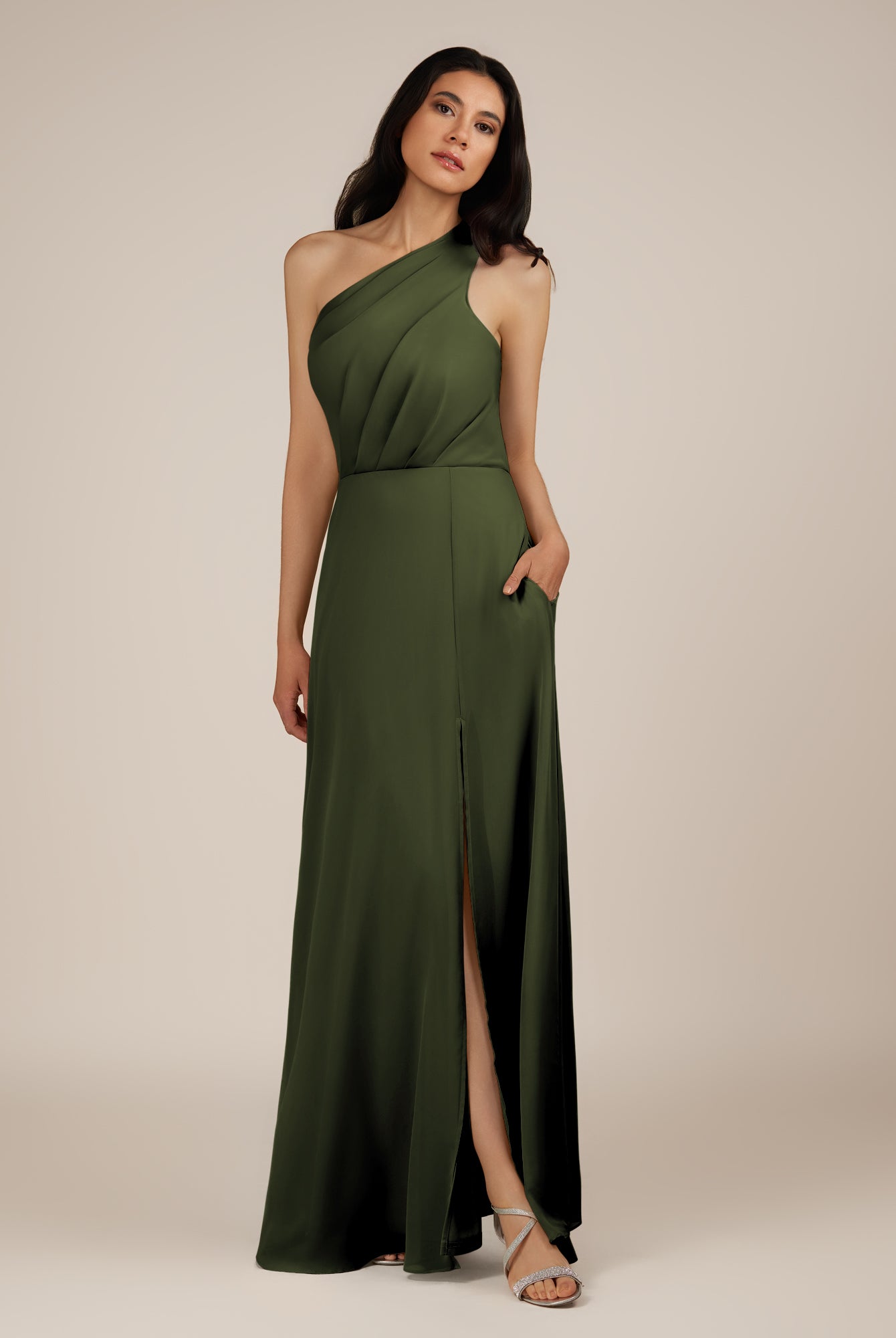 KissDress-Gaura Olive A Line Chiffon One Shoulder Pleated Long Bridesmaid Dress with Slit