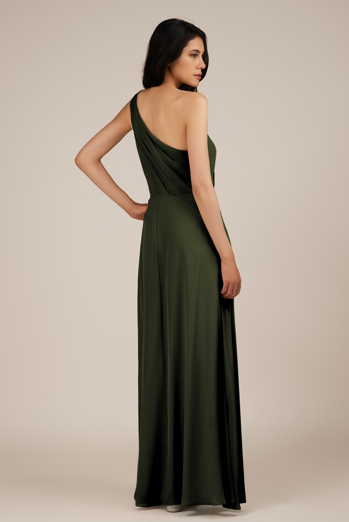 KissDress-Gaura Olive A Line Chiffon One Shoulder Pleated Long Bridesmaid Dress with Slit