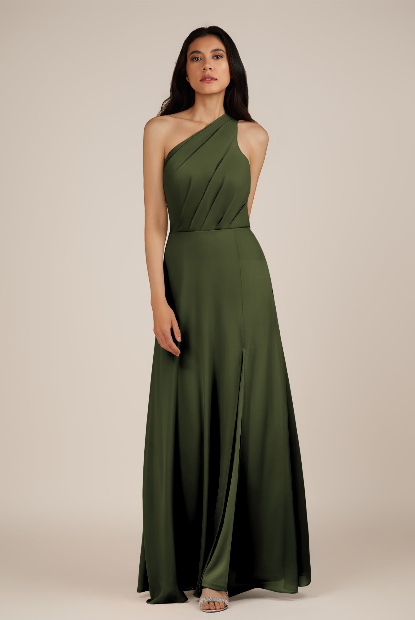 KissDress-Gaura Olive A Line Chiffon One Shoulder Pleated Long Bridesmaid Dress with Slit