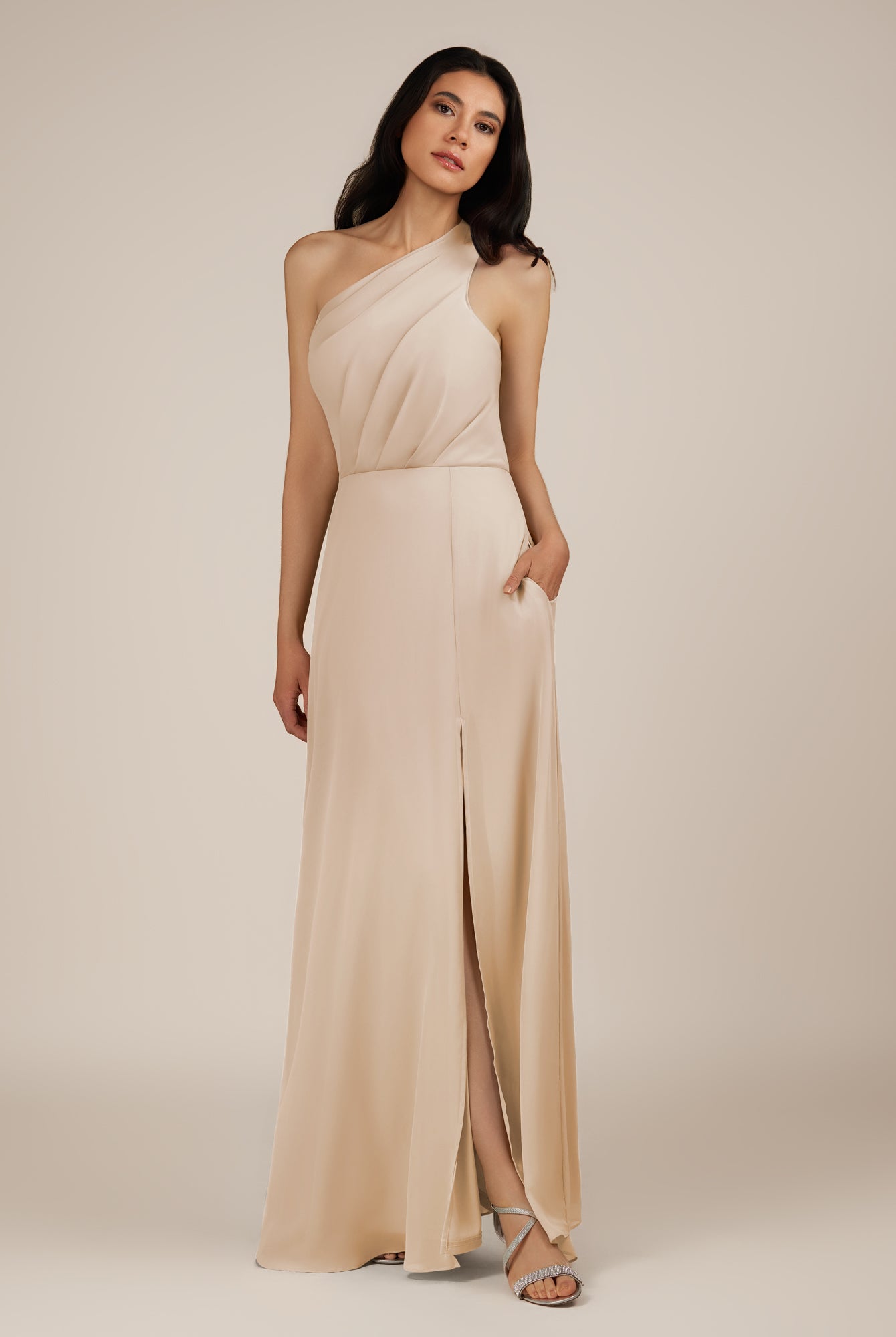KissDress-Gaura Pale Blush A Line Chiffon One Shoulder Pleated Long Bridesmaid Dress with Slit