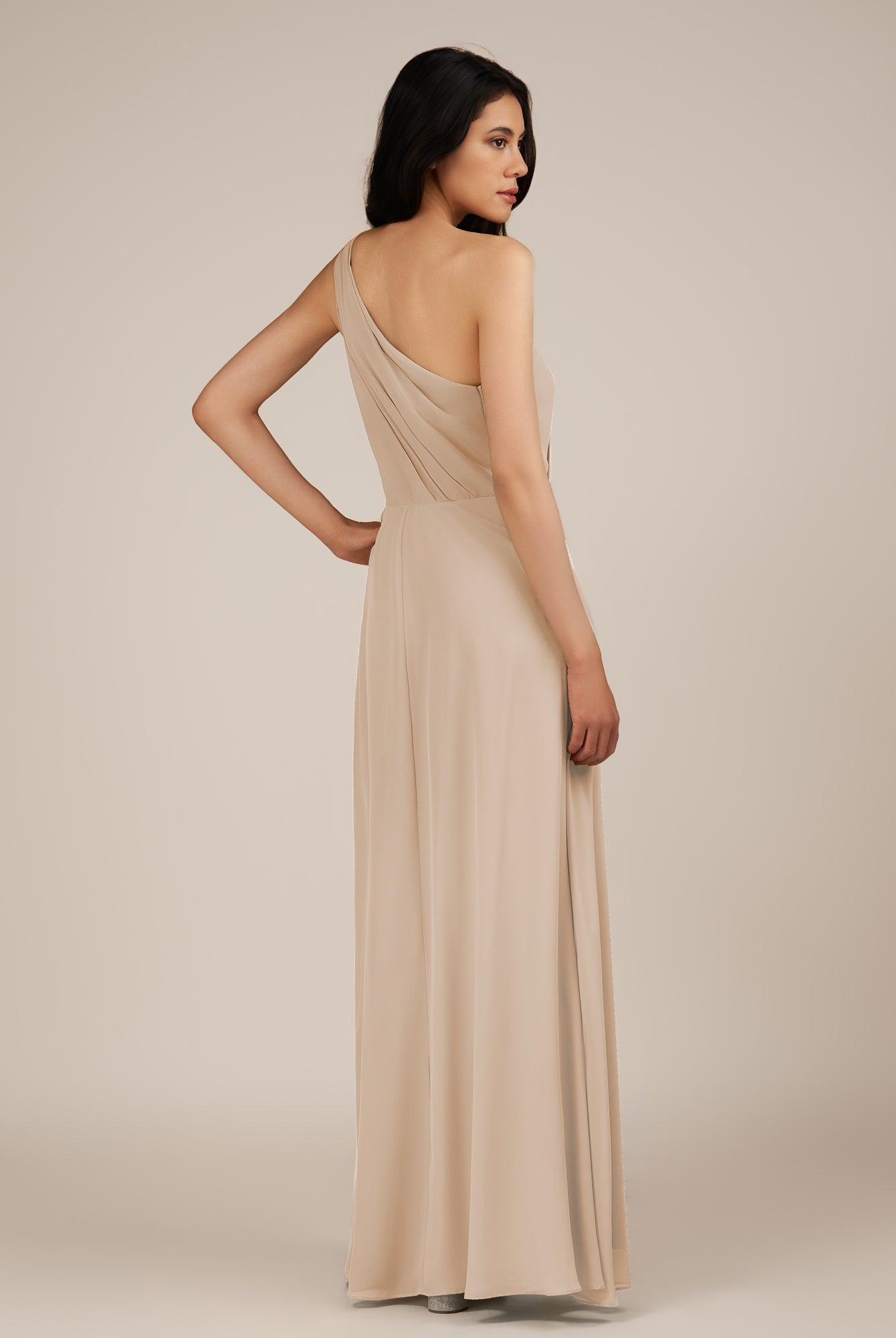 KissDress-Gaura Pale Blush A Line Chiffon One Shoulder Pleated Long Bridesmaid Dress with Slit