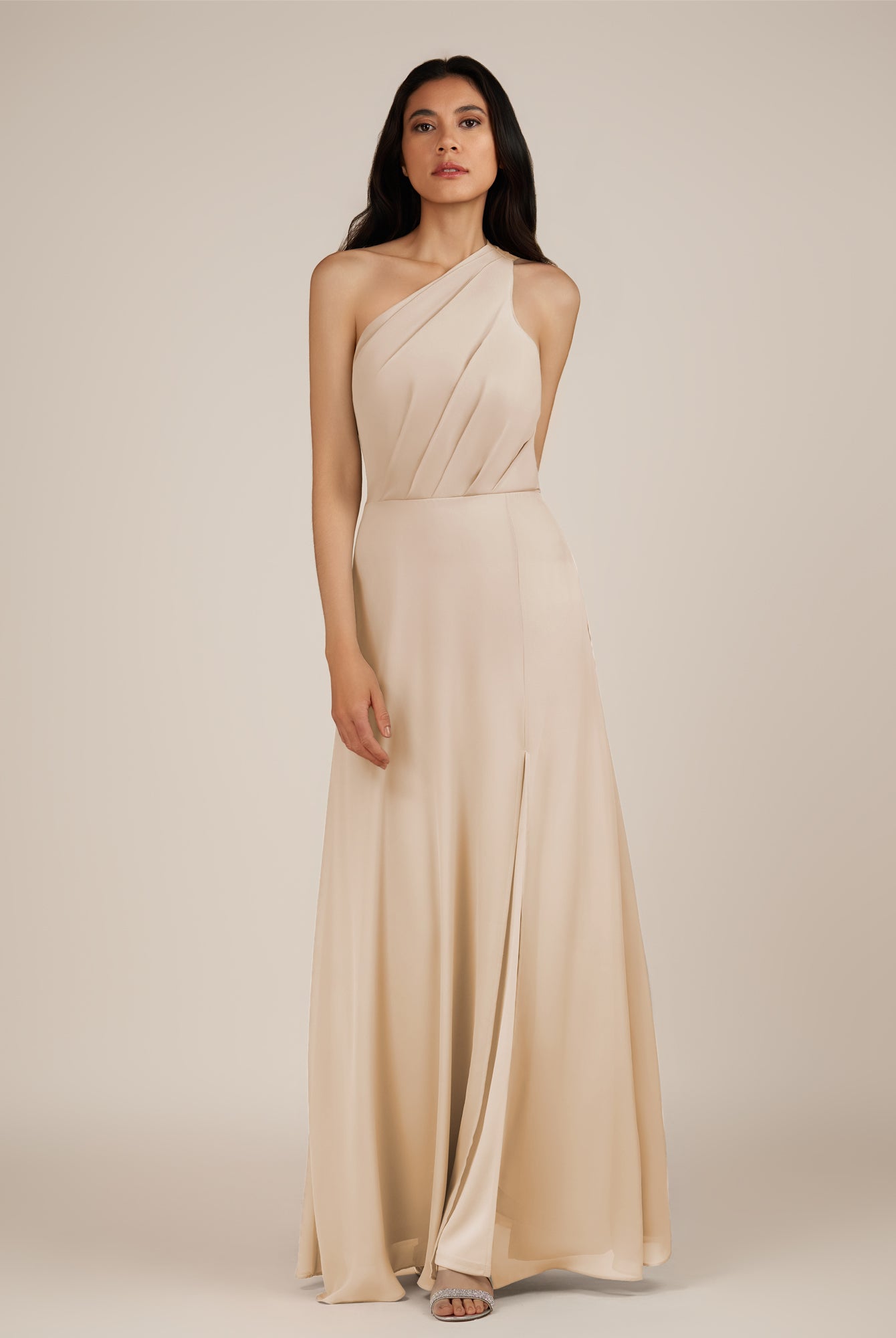 KissDress-Gaura Pale Blush A Line Chiffon One Shoulder Pleated Long Bridesmaid Dress with Slit