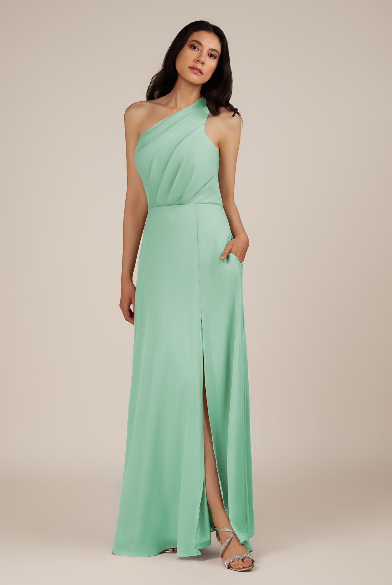 KissDress-Gaura Pale Pistachio A Line Chiffon One Shoulder Pleated Long Bridesmaid Dress with Slit