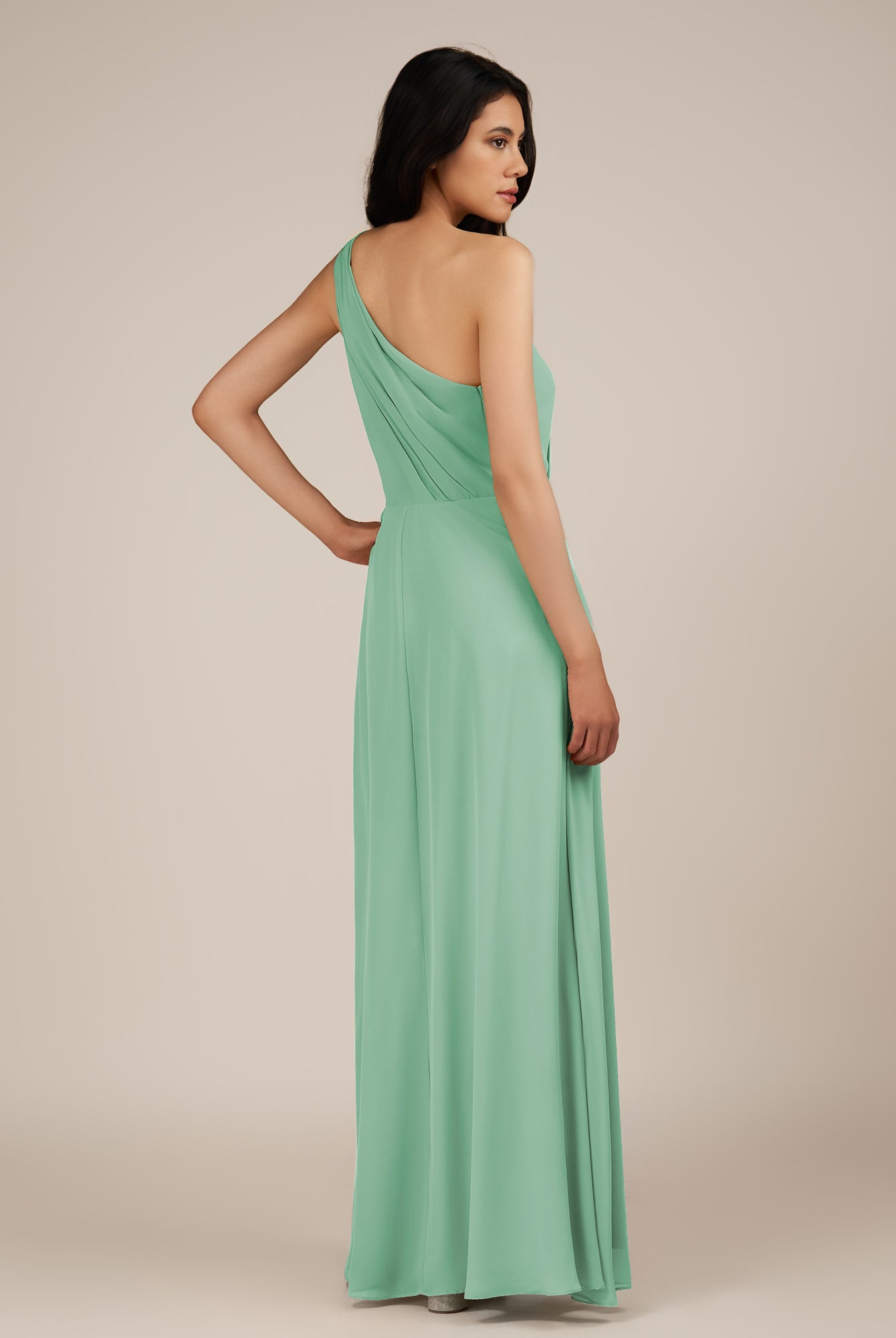 KissDress-Gaura Pale Pistachio A Line Chiffon One Shoulder Pleated Long Bridesmaid Dress with Slit