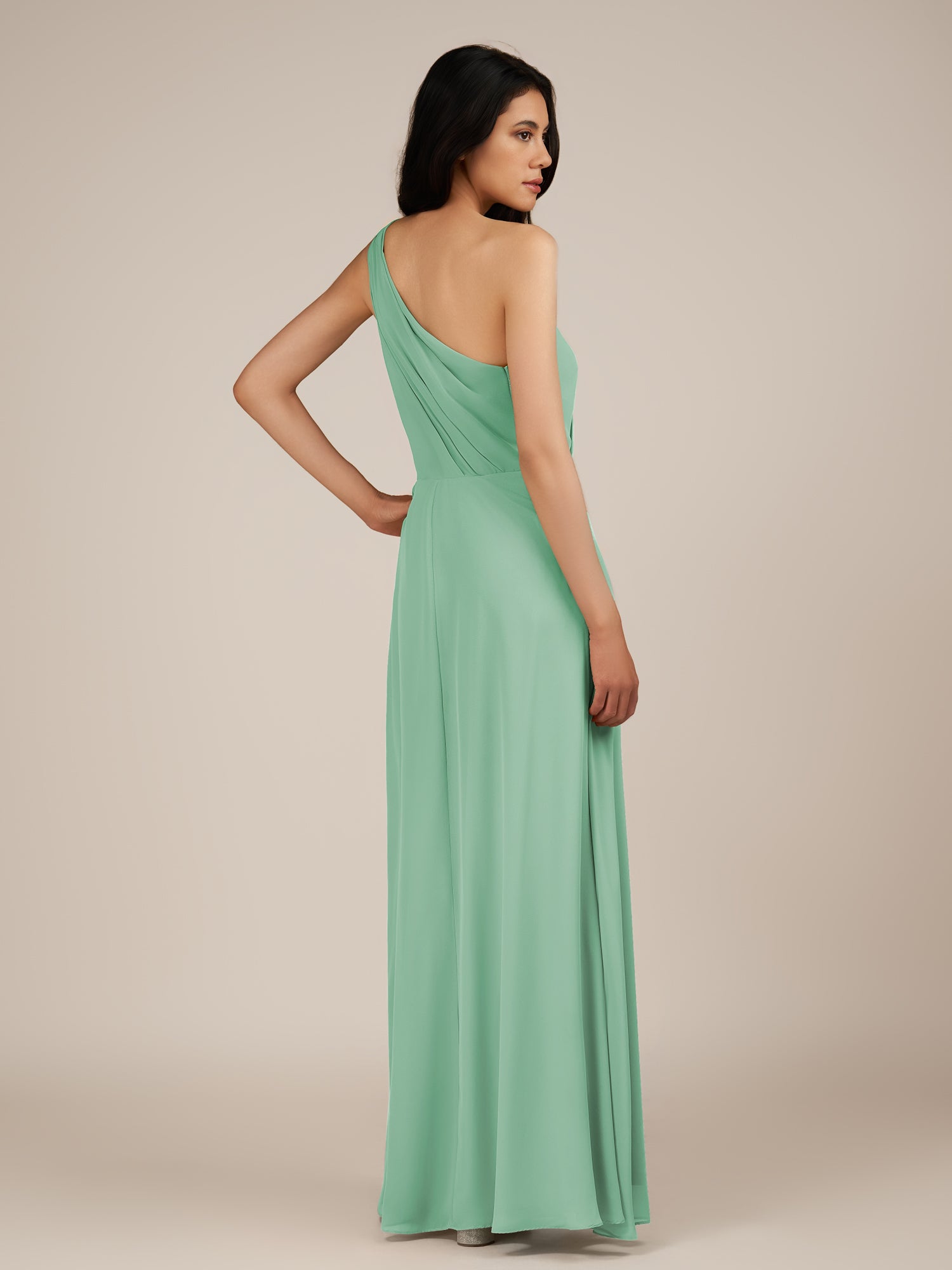 KissDress-Gaura Pale Pistachio A Line Chiffon One Shoulder Pleated Long Bridesmaid Dress with Slit