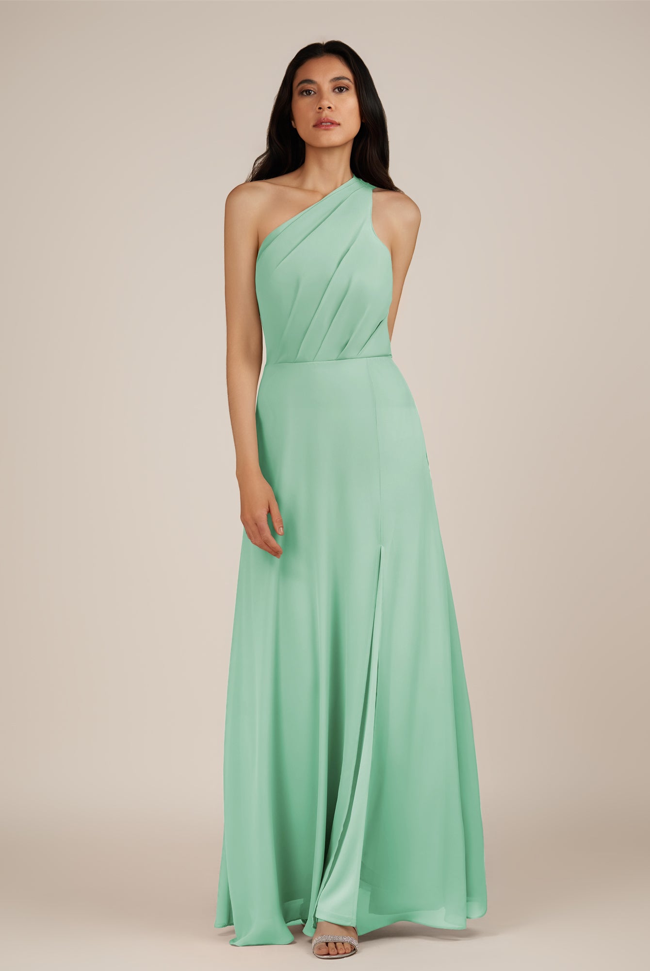 KissDress-Gaura Pale Pistachio A Line Chiffon One Shoulder Pleated Long Bridesmaid Dress with Slit