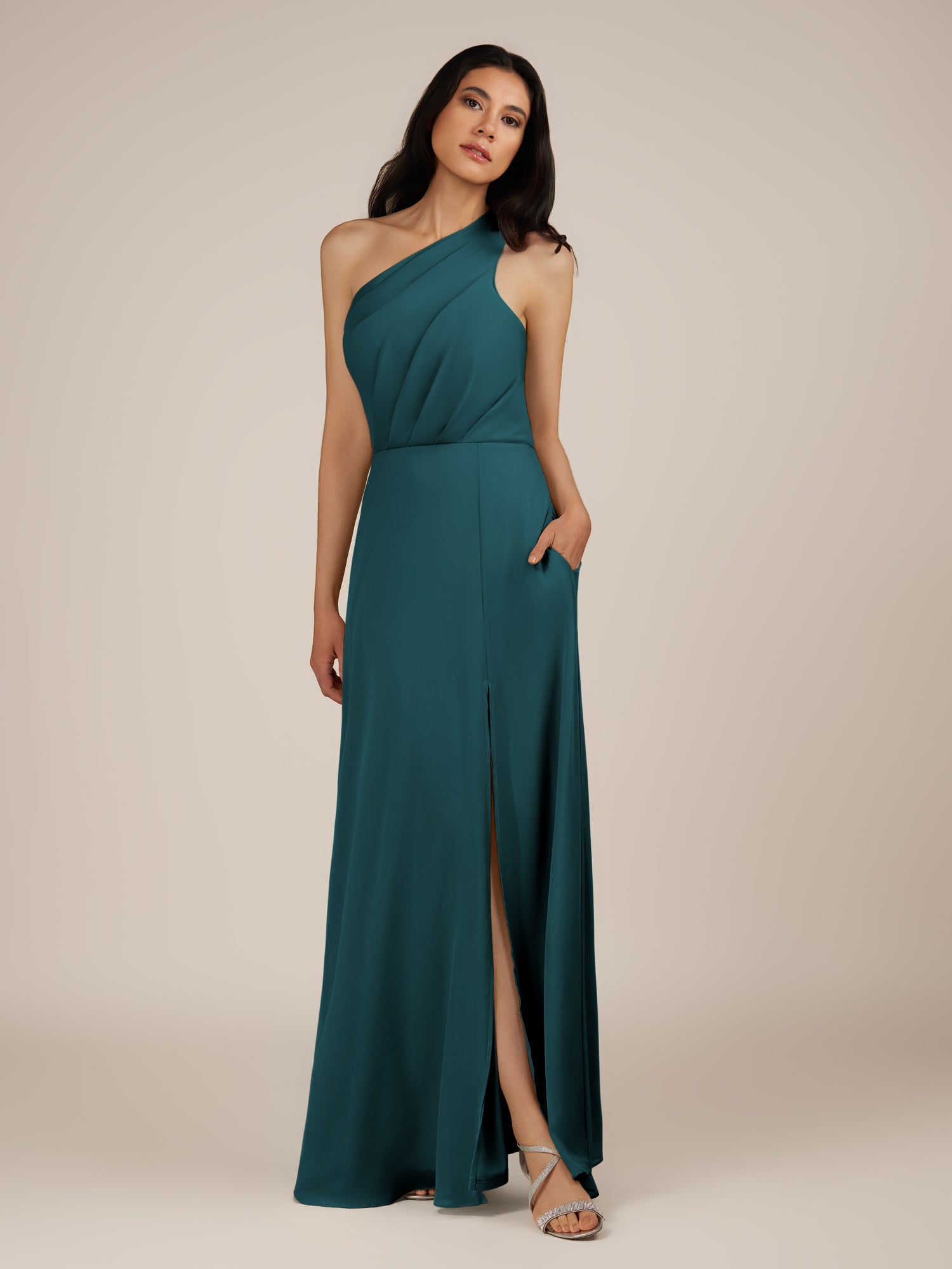 KissDress-Gaura Pine A Line Chiffon One Shoulder Pleated Long Bridesmaid Dress with Slit