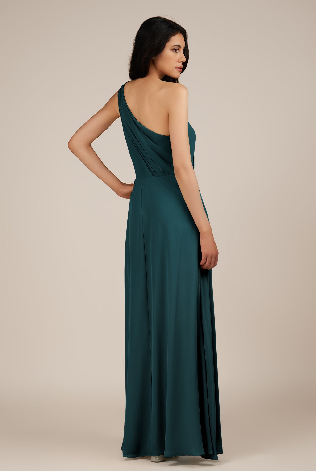 KissDress-Gaura Pine A Line Chiffon One Shoulder Pleated Long Bridesmaid Dress with Slit