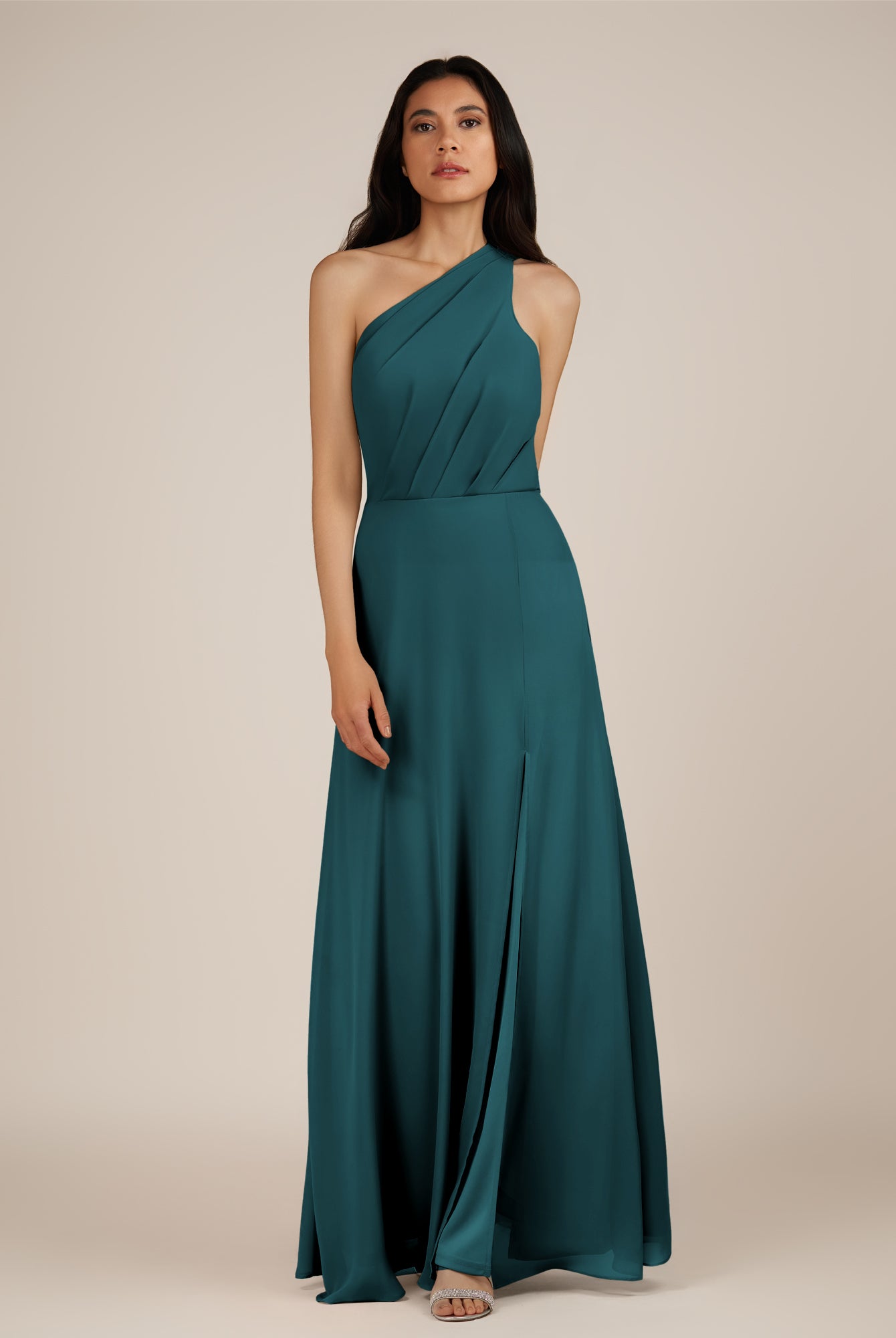 KissDress-Gaura Pine A Line Chiffon One Shoulder Pleated Long Bridesmaid Dress with Slit