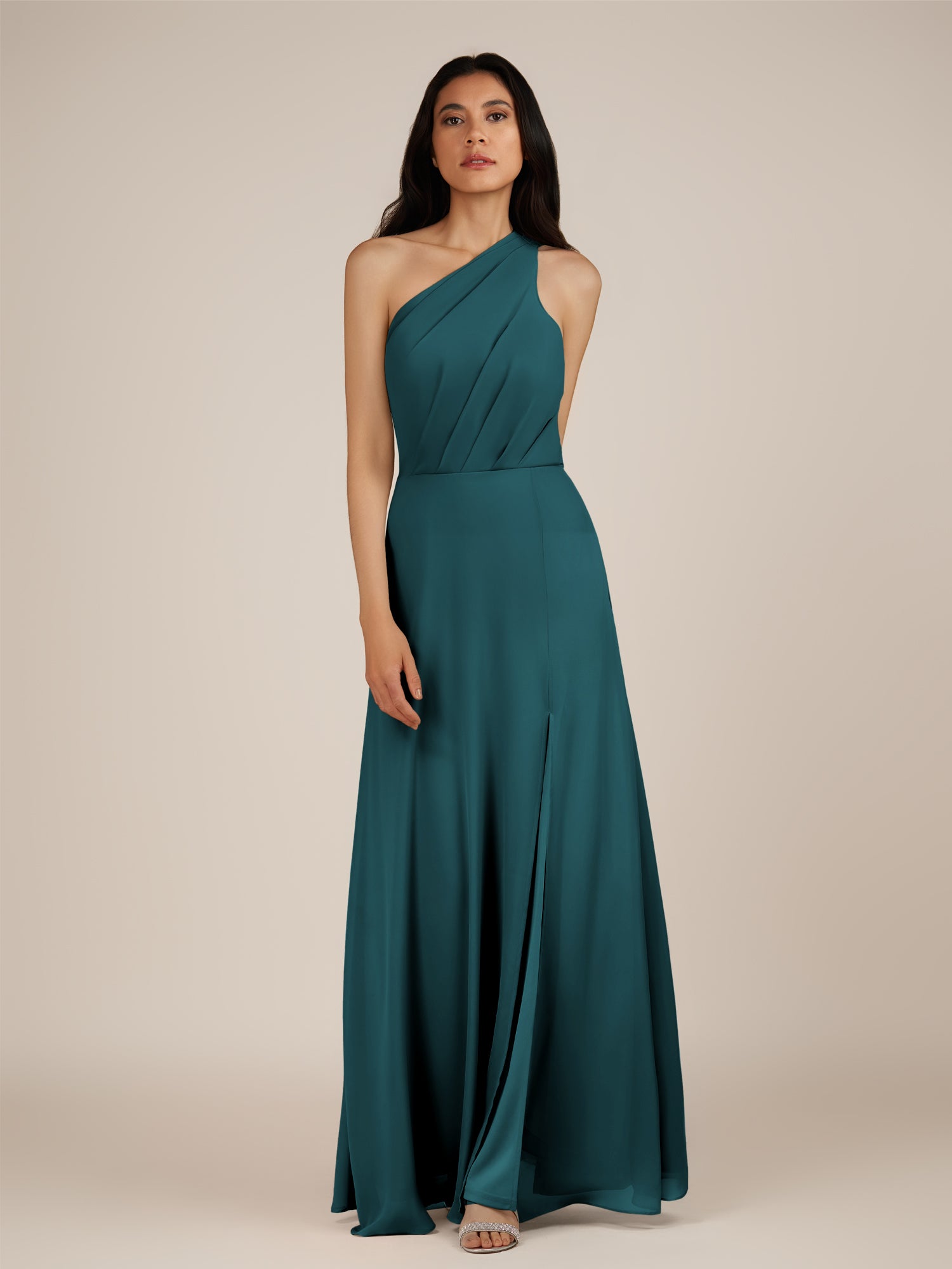 KissDress-Gaura Pine A Line Chiffon One Shoulder Pleated Long Bridesmaid Dress with Slit