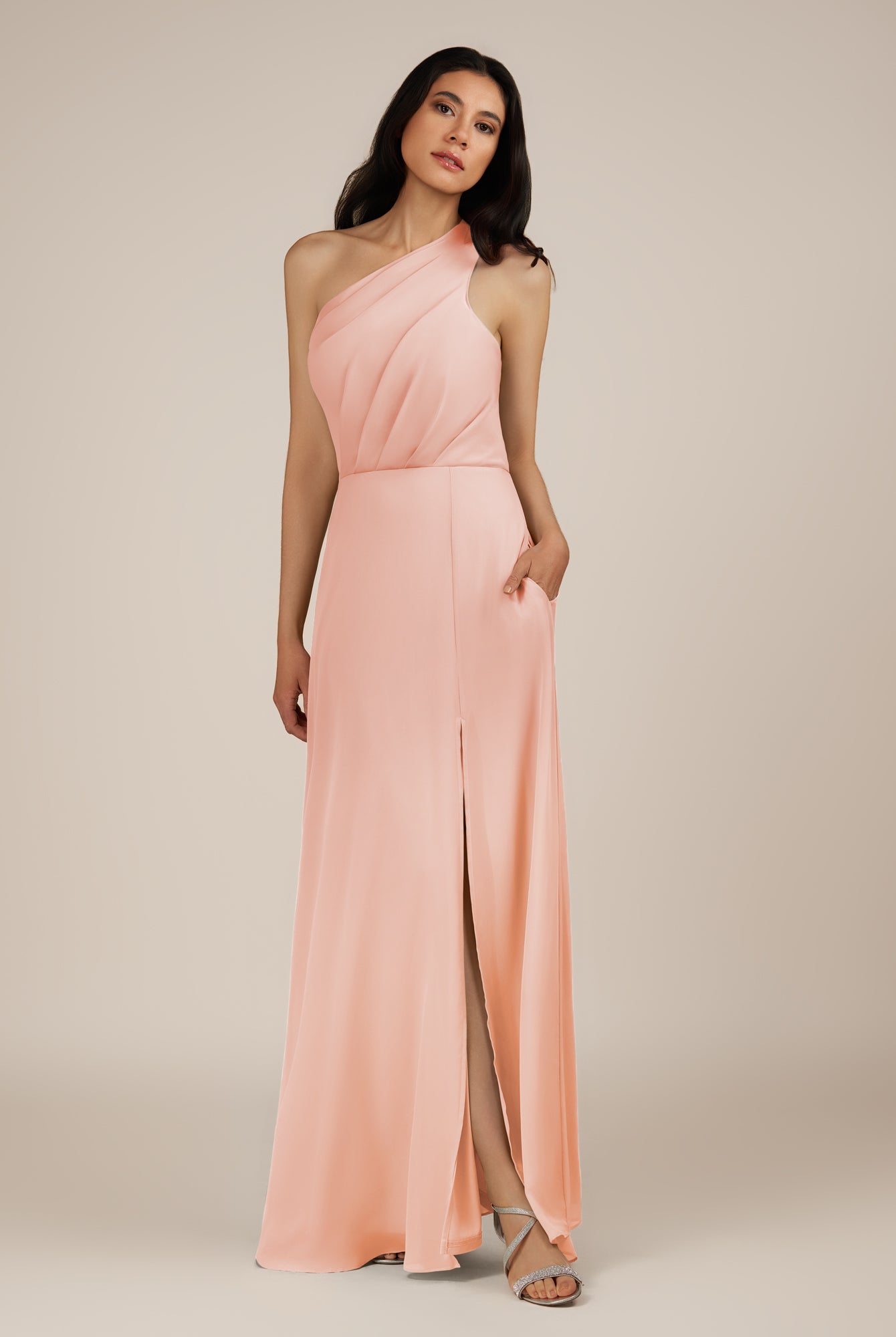 KissDress-Gaura Rose Petal A Line Chiffon One Shoulder Pleated Long Bridesmaid Dress with Slit