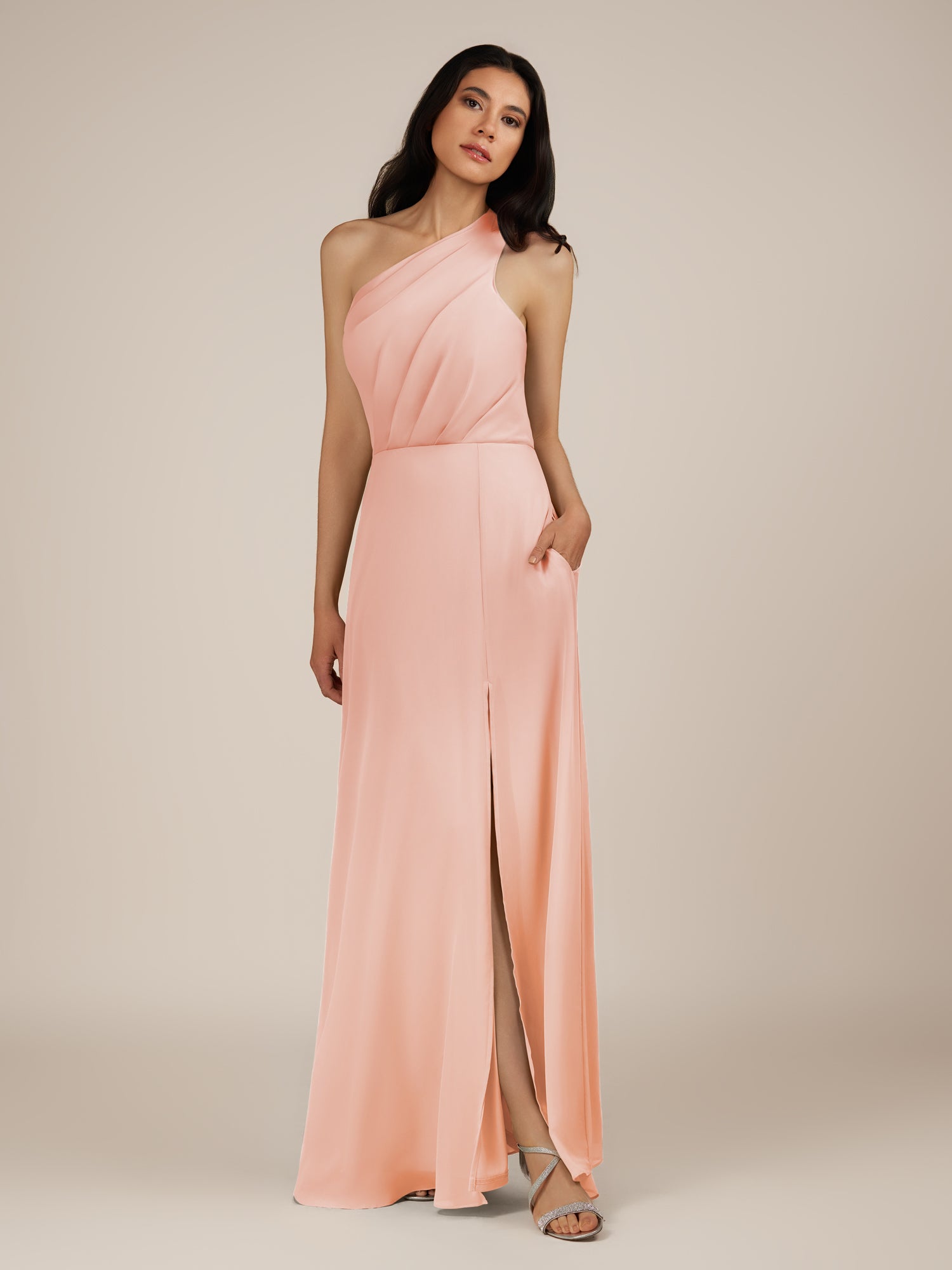 KissDress-Gaura Rose Petal A Line Chiffon One Shoulder Pleated Long Bridesmaid Dress with Slit