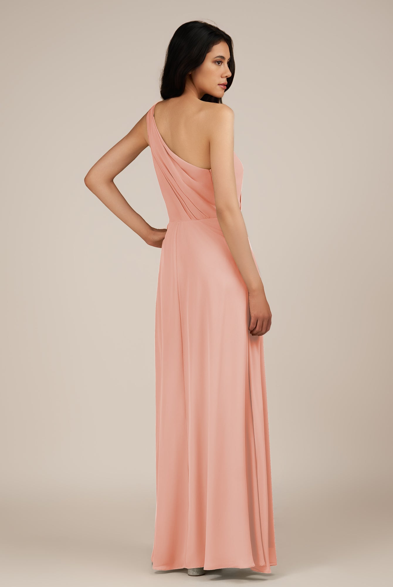 KissDress-Gaura Rose Petal A Line Chiffon One Shoulder Pleated Long Bridesmaid Dress with Slit