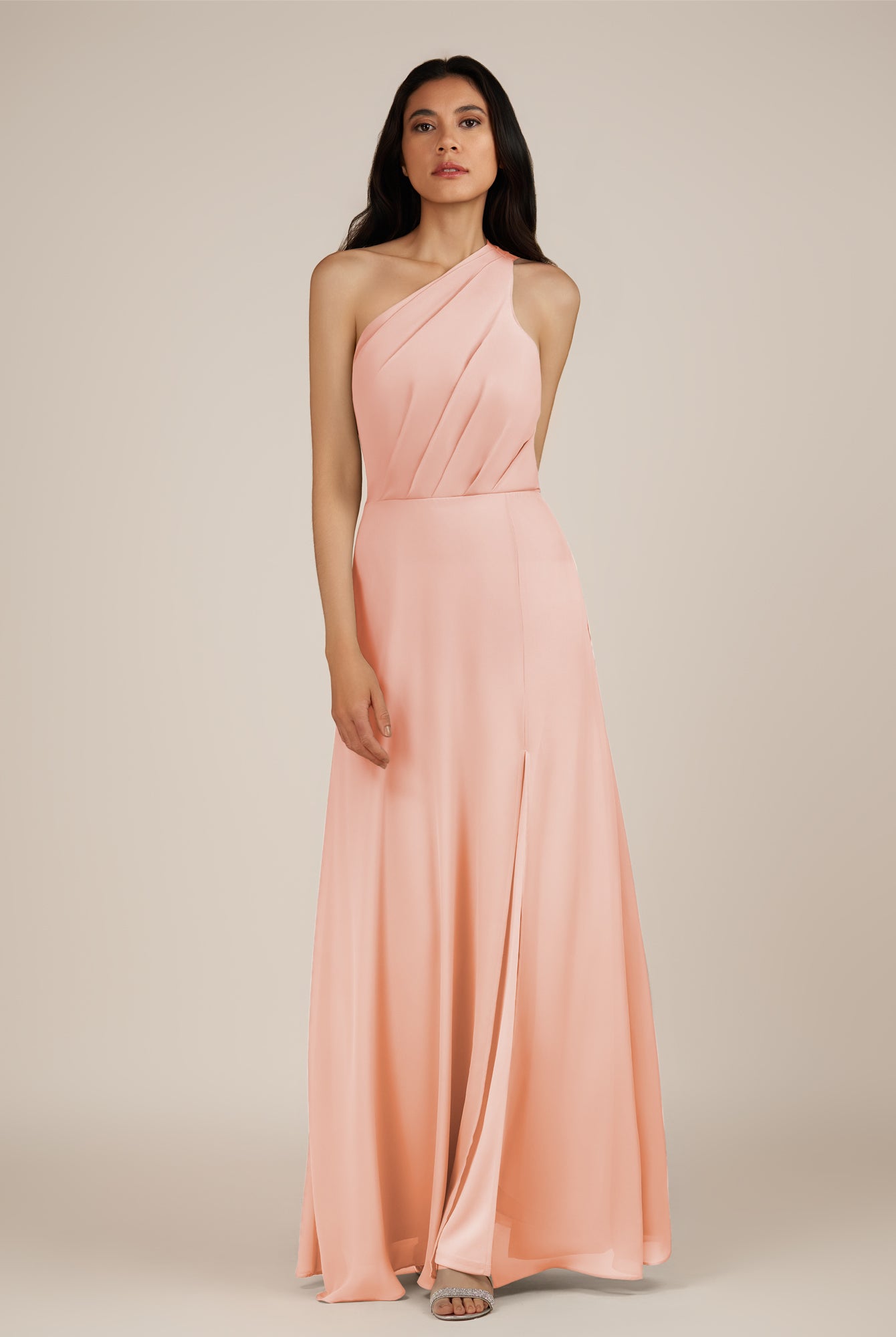 KissDress-Gaura Rose Petal A Line Chiffon One Shoulder Pleated Long Bridesmaid Dress with Slit