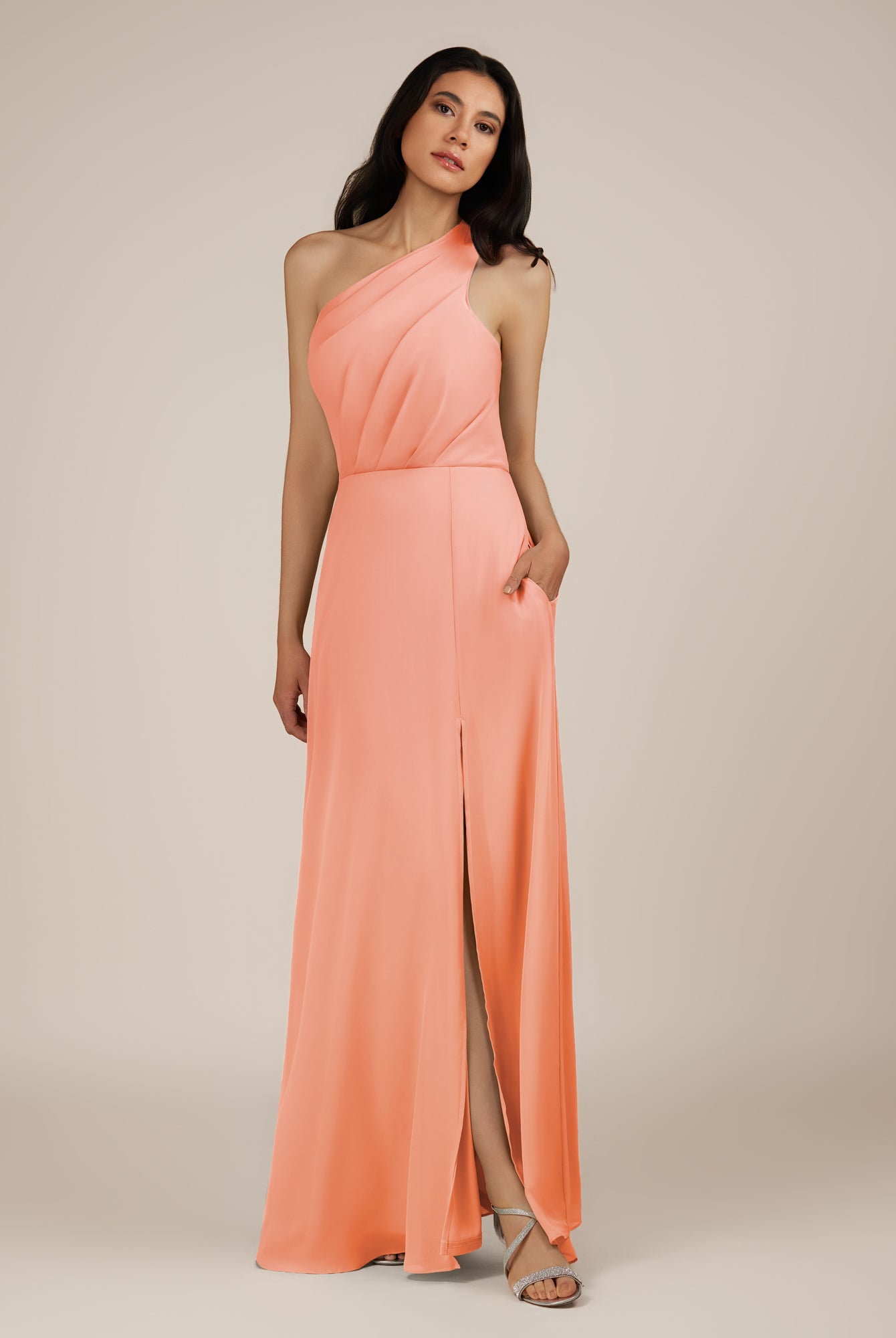 KissDress-Gaura Rosette A Line Chiffon One Shoulder Pleated Long Bridesmaid Dress with Slit