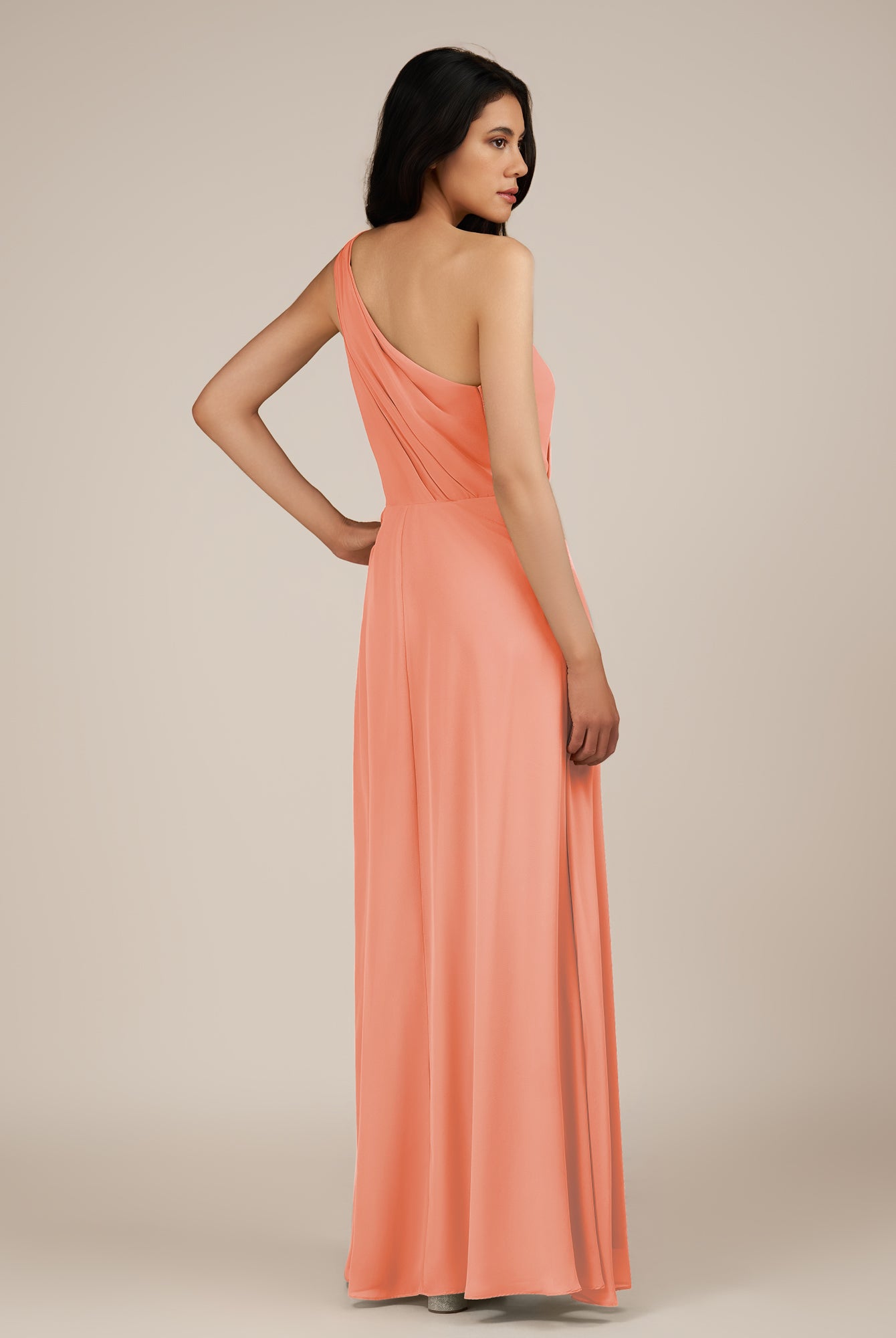 KissDress-Gaura Rosette A Line Chiffon One Shoulder Pleated Long Bridesmaid Dress with Slit