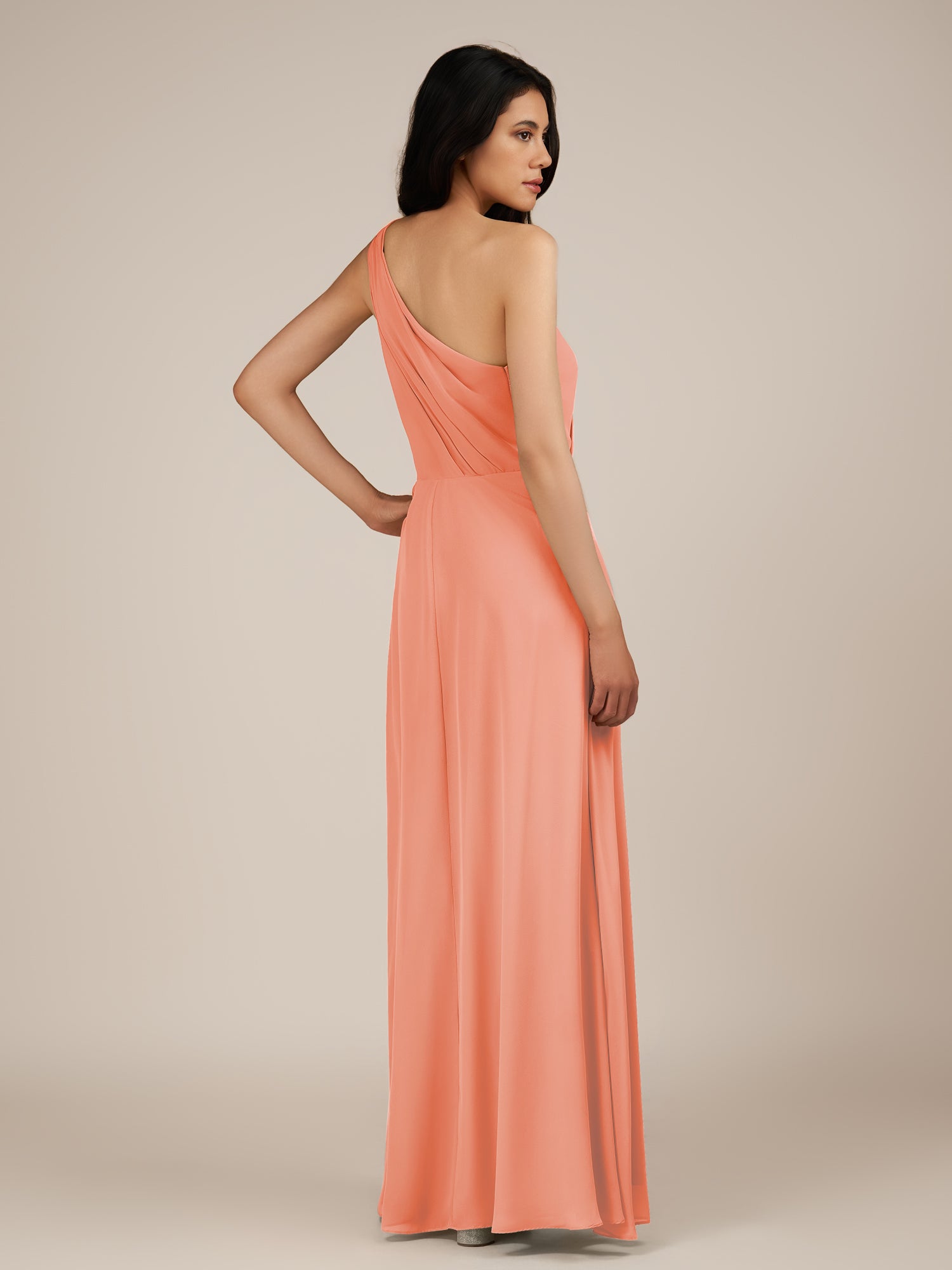 KissDress-Gaura Rosette A Line Chiffon One Shoulder Pleated Long Bridesmaid Dress with Slit