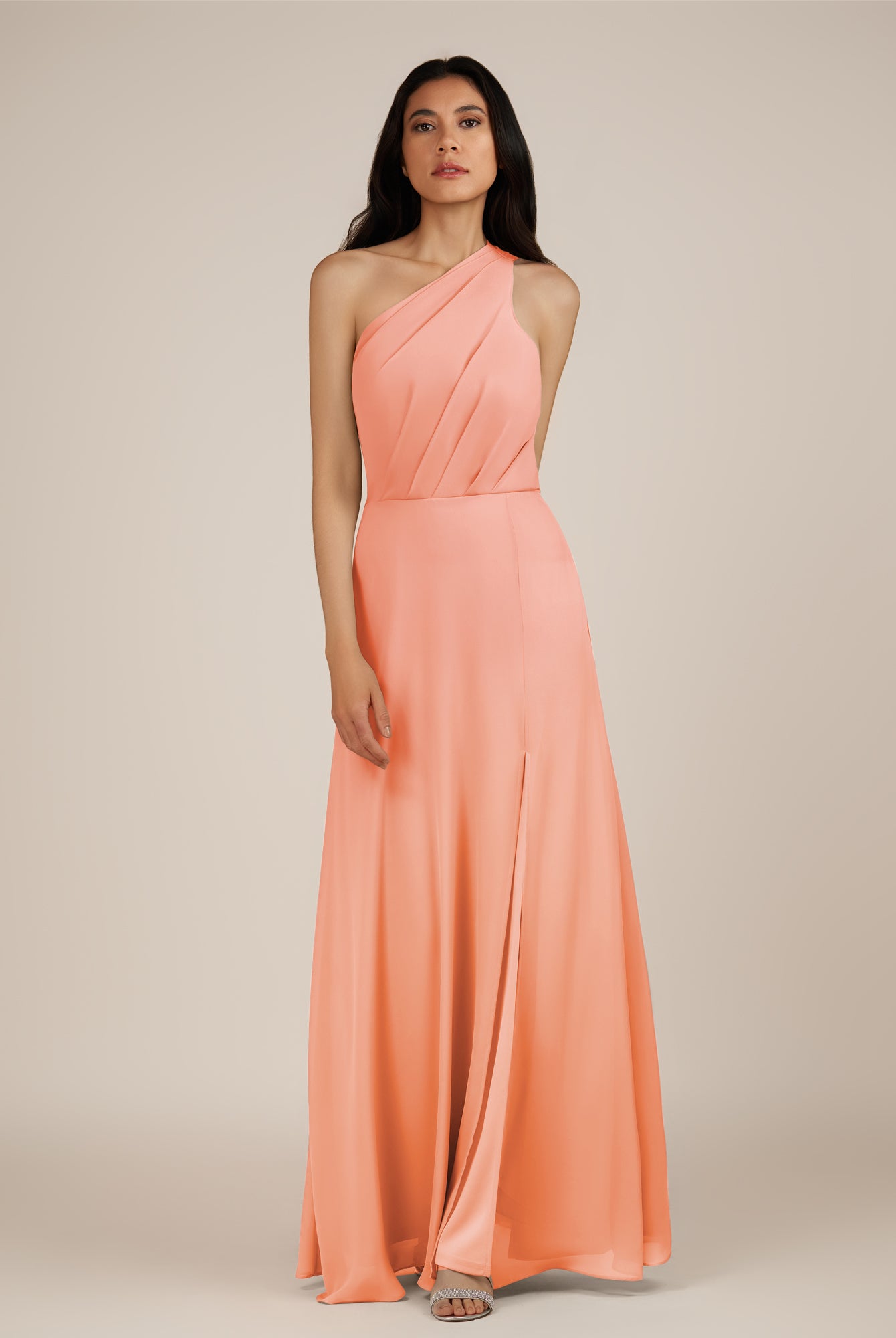 KissDress-Gaura Rosette A Line Chiffon One Shoulder Pleated Long Bridesmaid Dress with Slit
