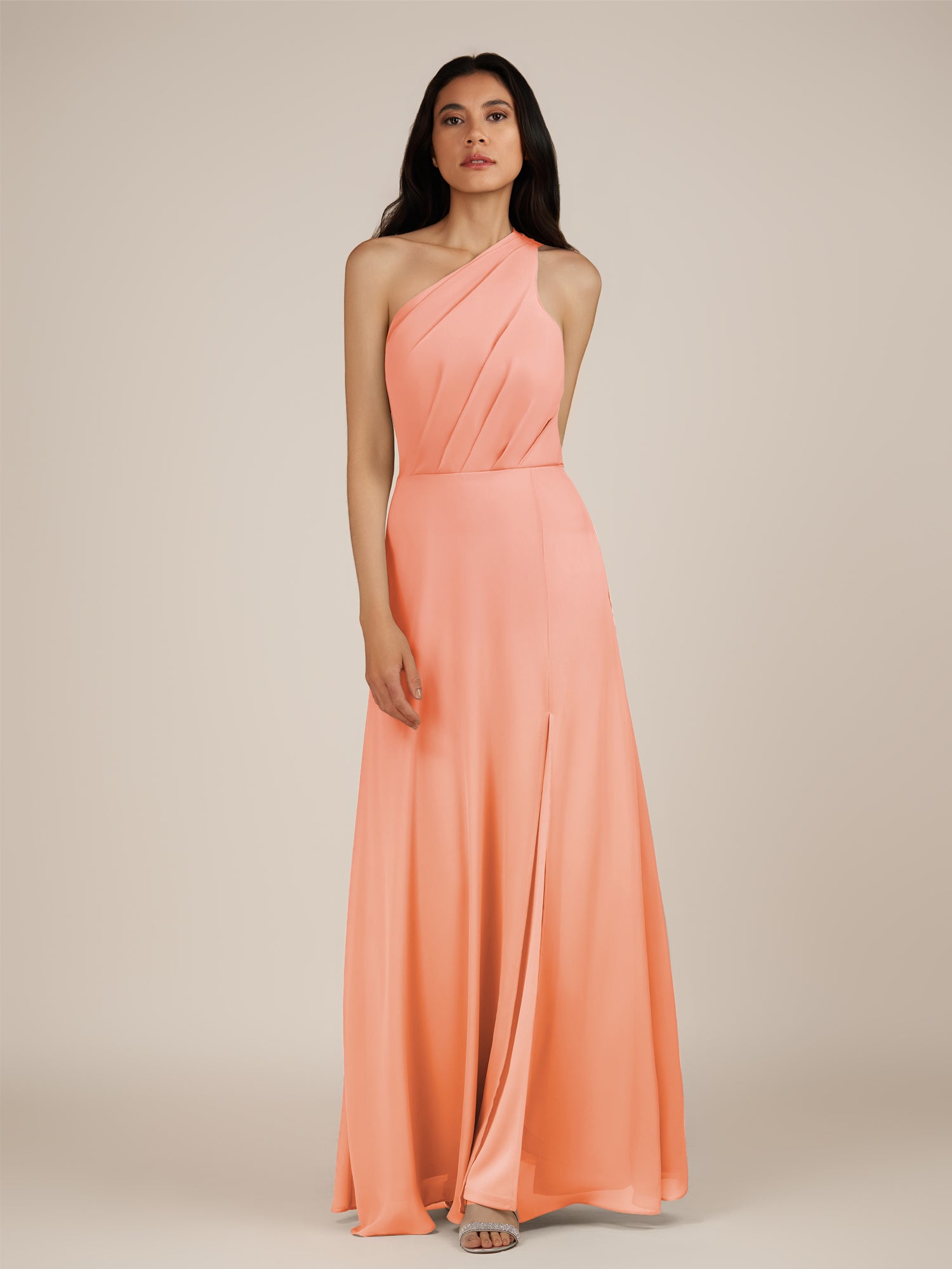 KissDress-Gaura Rosette A Line Chiffon One Shoulder Pleated Long Bridesmaid Dress with Slit