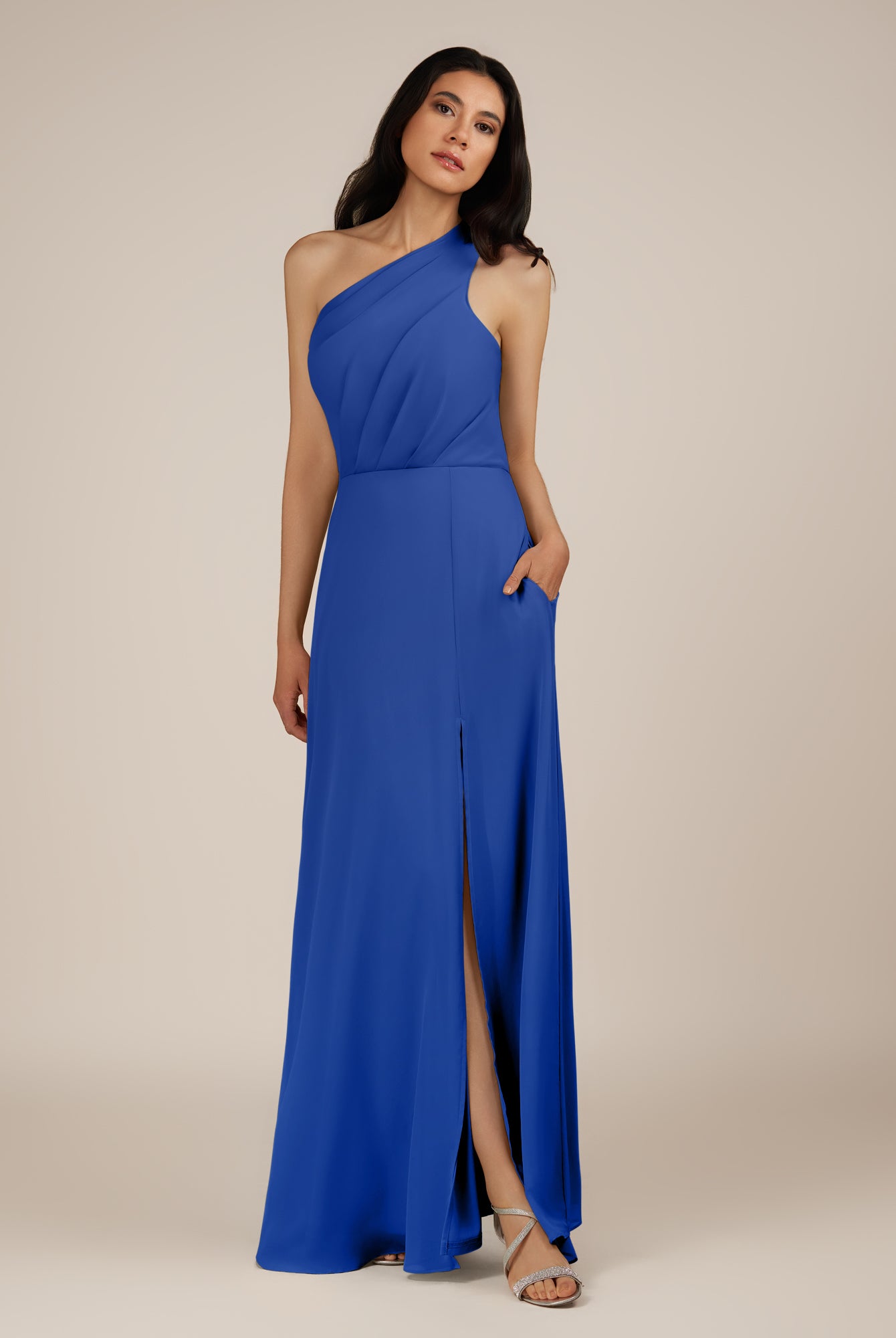 KissDress-Gaura Royal Blue A Line Chiffon One Shoulder Pleated Long Bridesmaid Dress with Slit