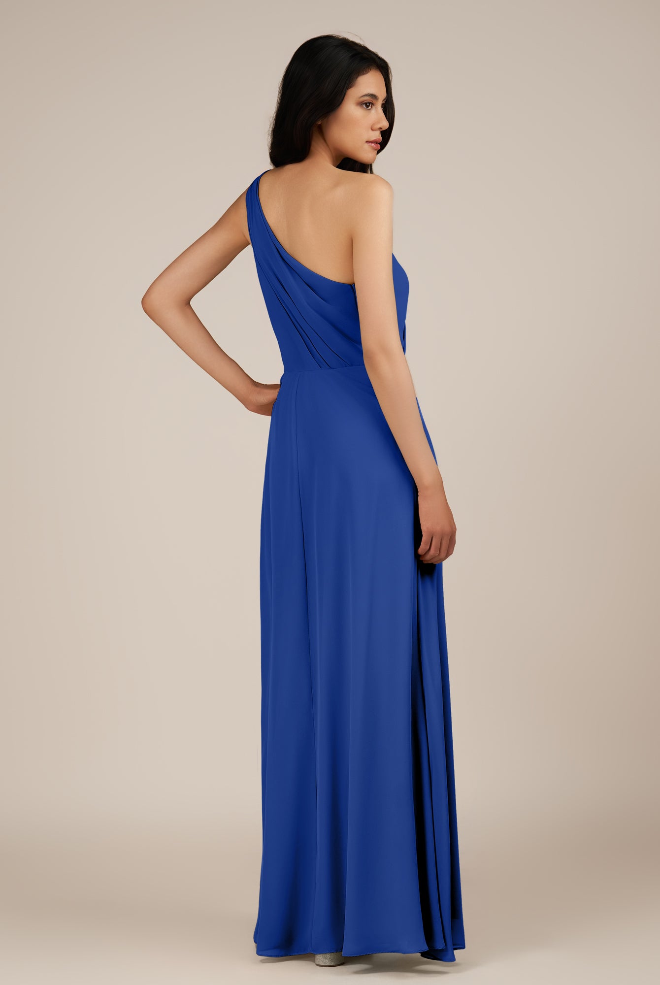 KissDress-Gaura Royal Blue A Line Chiffon One Shoulder Pleated Long Bridesmaid Dress with Slit